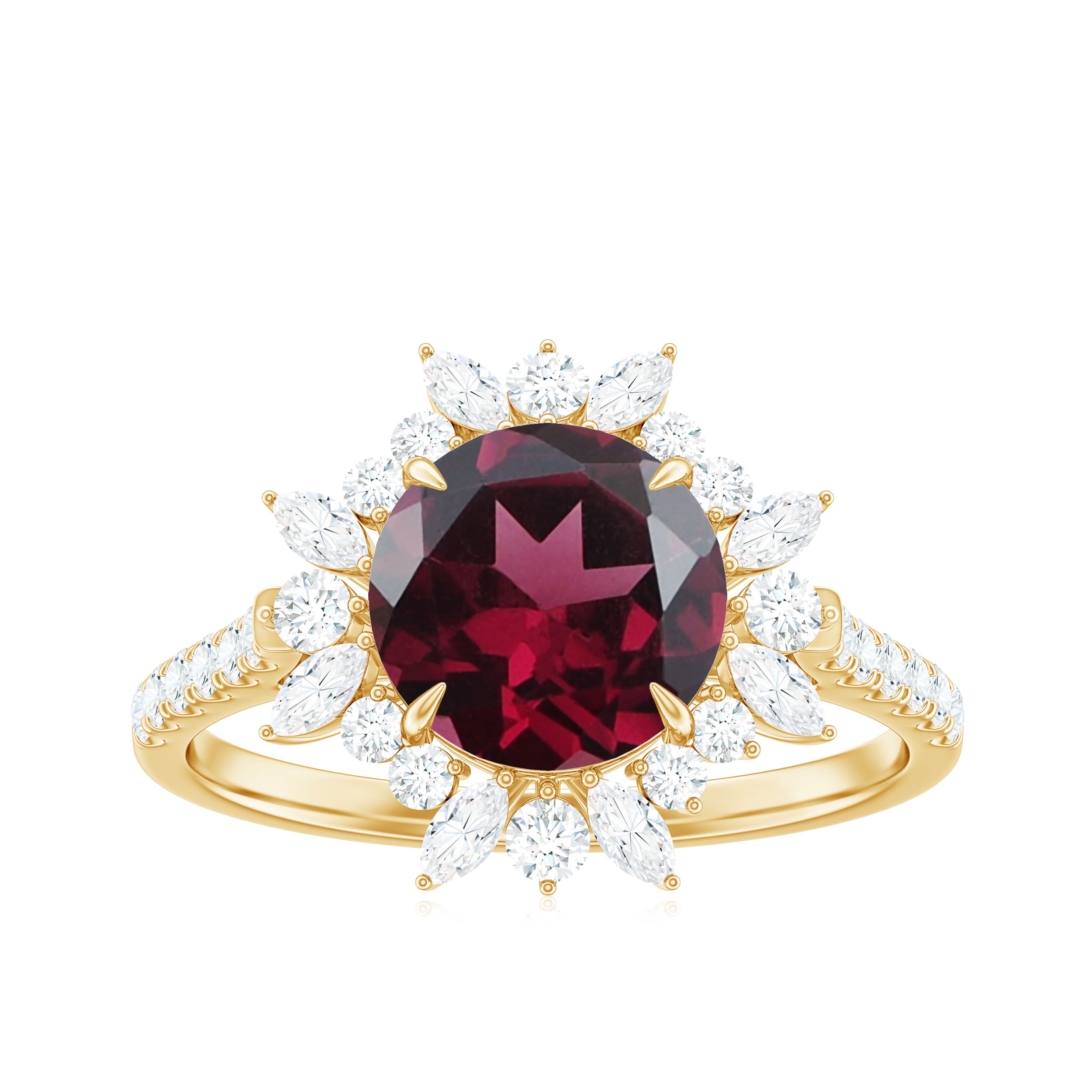 Rosec Jewels-Round Rhodolite Statement Ring with Moissanite Floral Halo