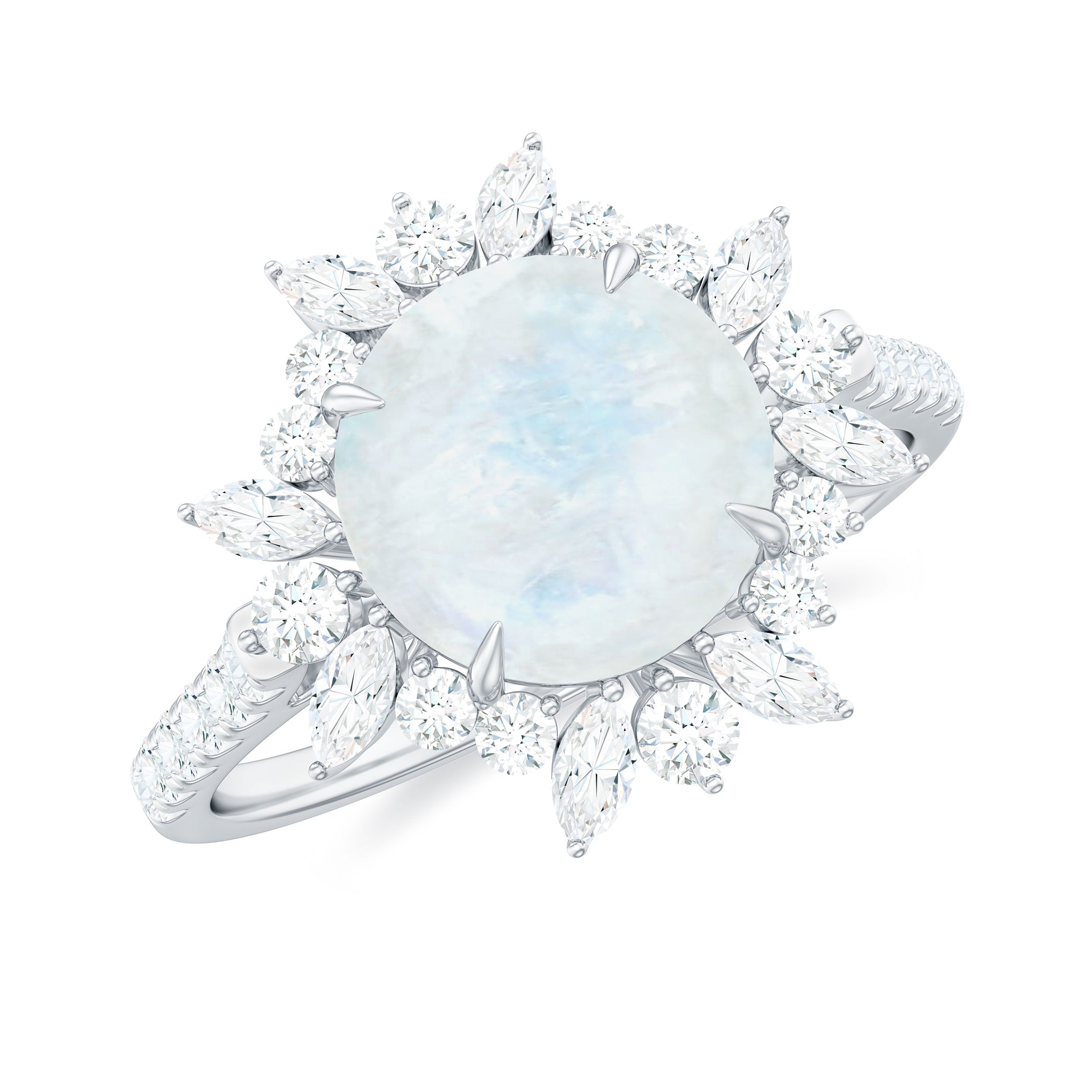 Rosec Jewels-Round Moonstone Statement Ring with Moissanite Floral Halo