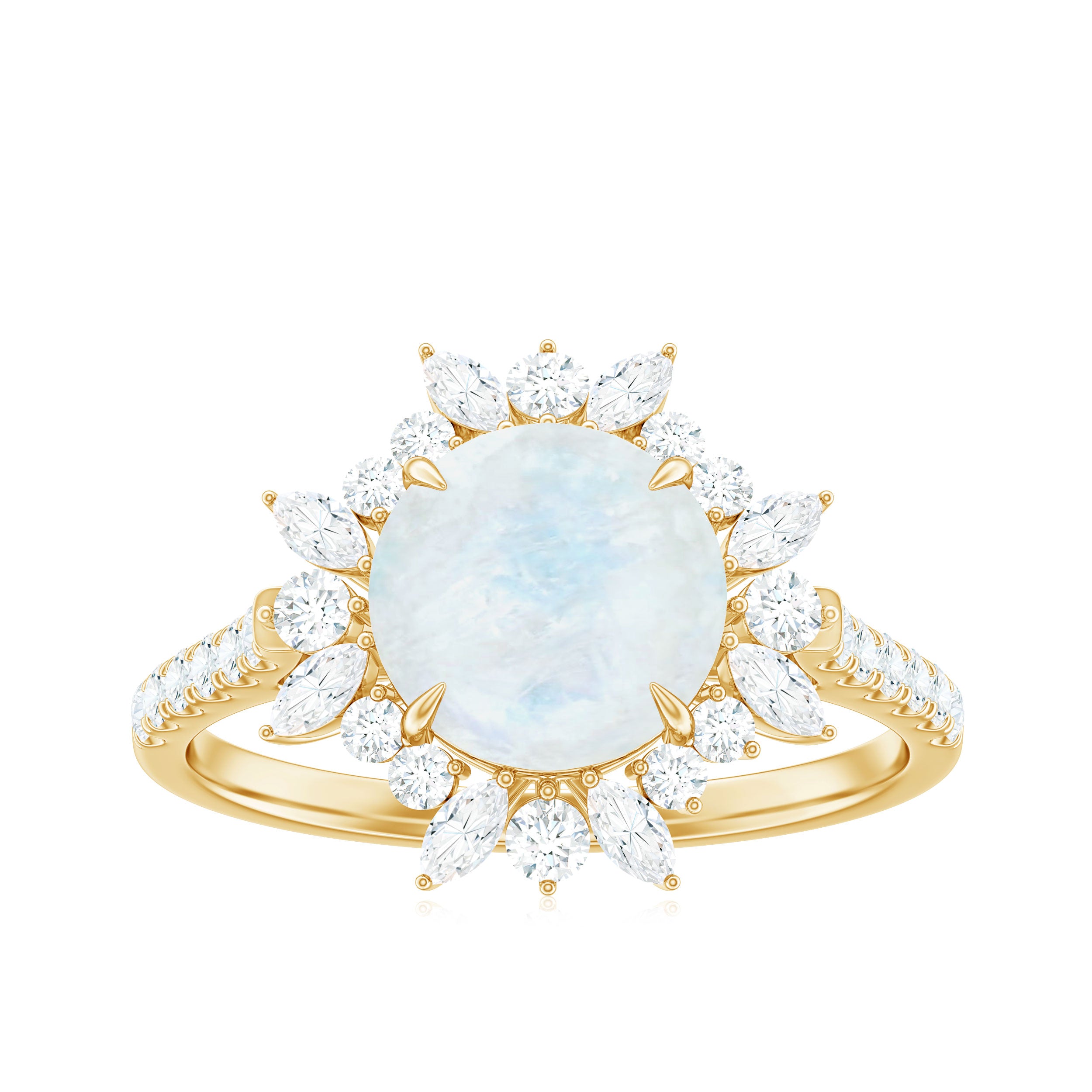 Rosec Jewels-Round Moonstone Statement Ring with Moissanite Floral Halo