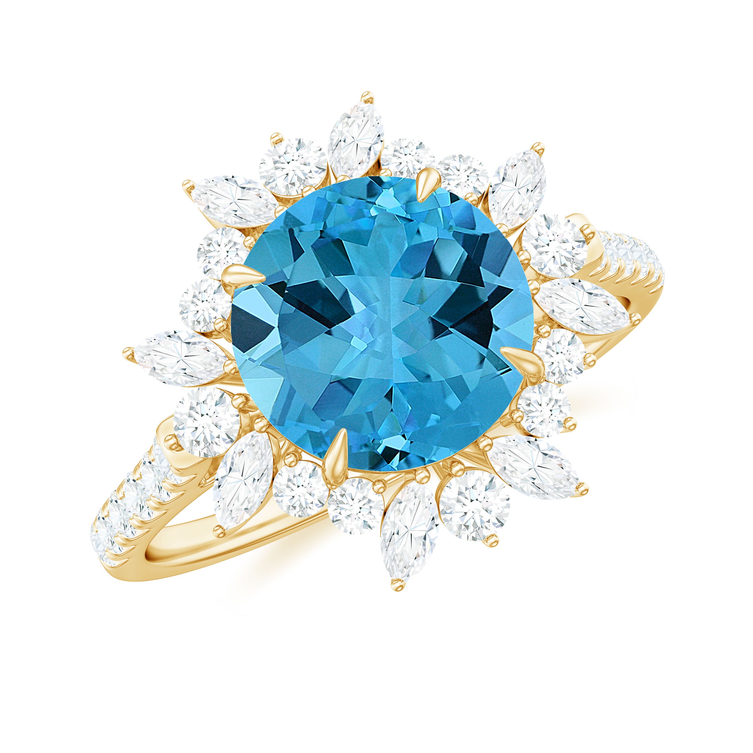 Rosec Jewels-Round Swiss Blue Topaz Statement Ring with Moissanite Floral Halo