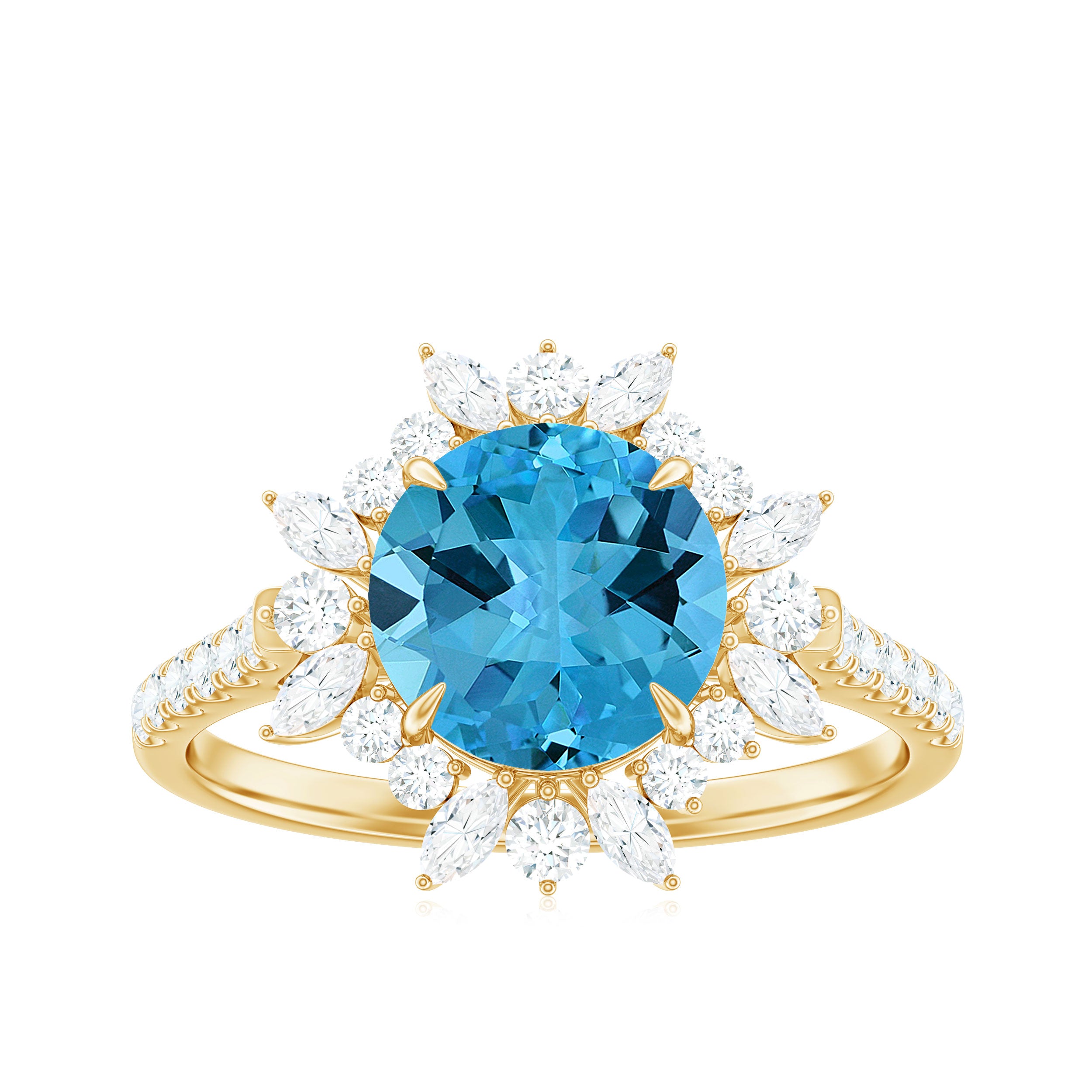 Rosec Jewels-Round Swiss Blue Topaz Statement Ring with Moissanite Floral Halo