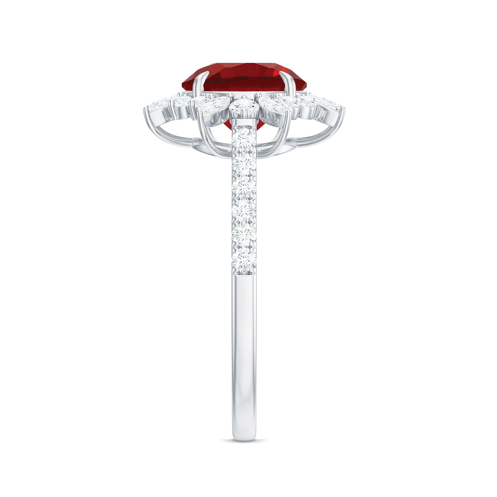 Rosec Jewels-Round Created Ruby Statement Ring with Moissanite Floral Halo