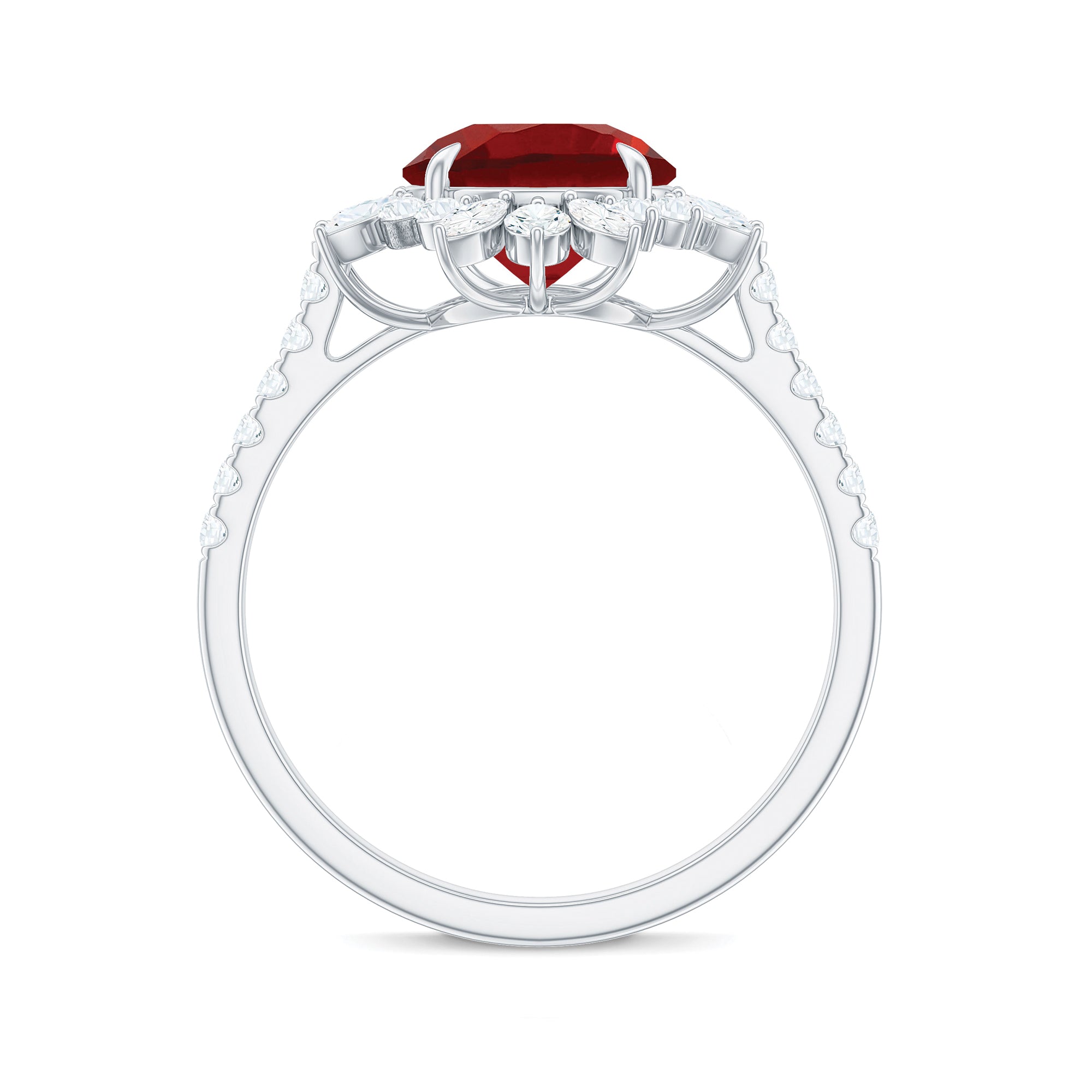 Rosec Jewels-Round Created Ruby Statement Ring with Moissanite Floral Halo