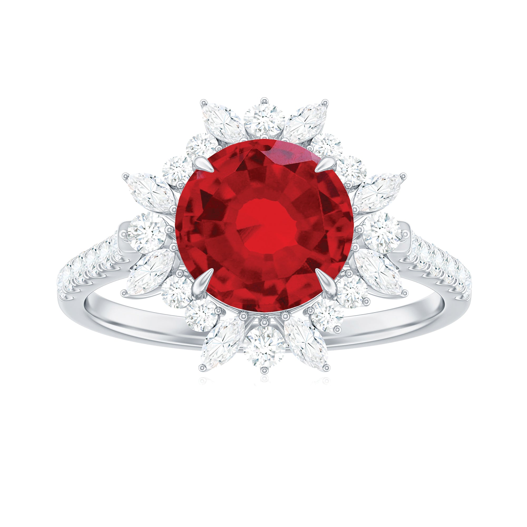 Rosec Jewels-Round Created Ruby Statement Ring with Moissanite Floral Halo