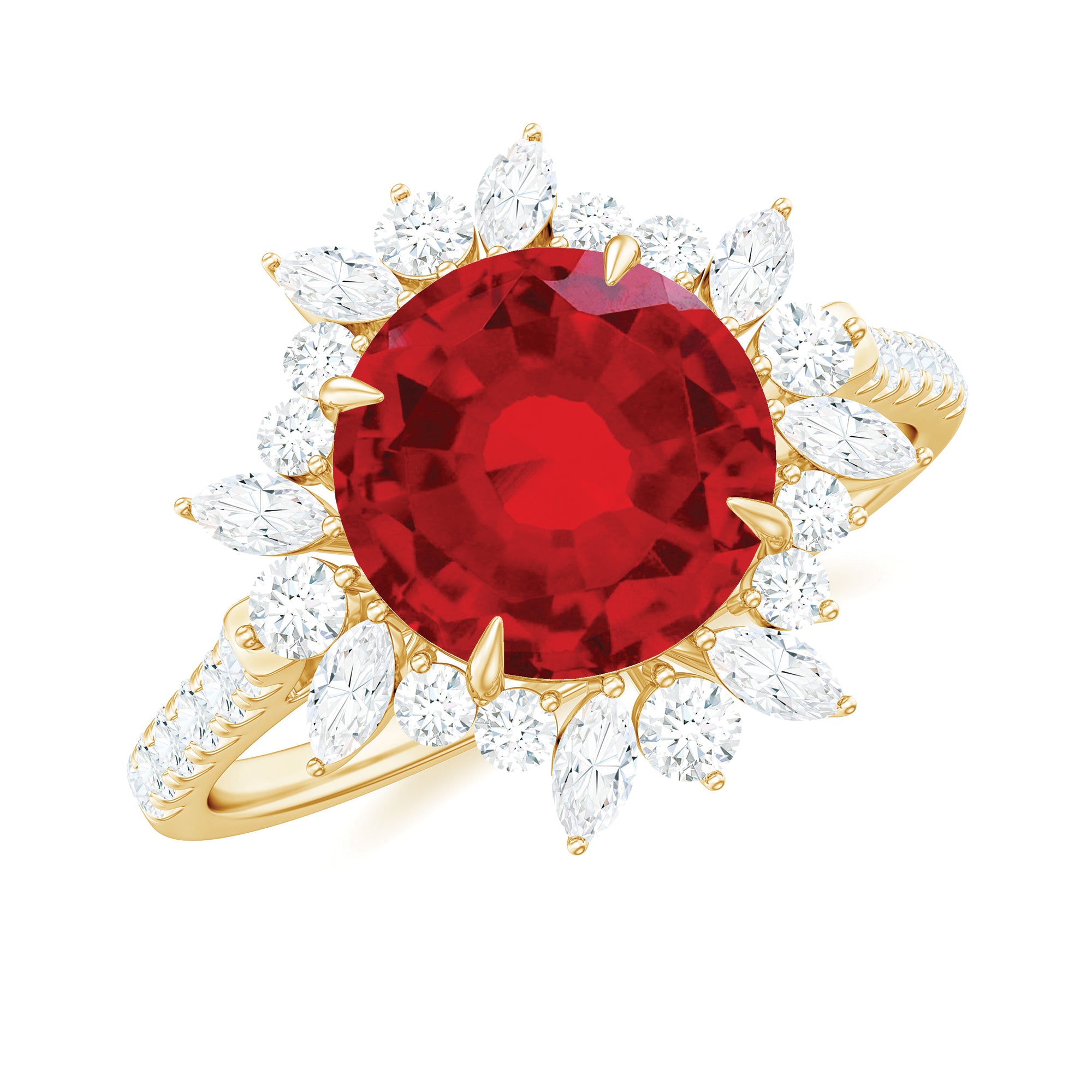 Rosec Jewels-Round Created Ruby Statement Ring with Moissanite Floral Halo