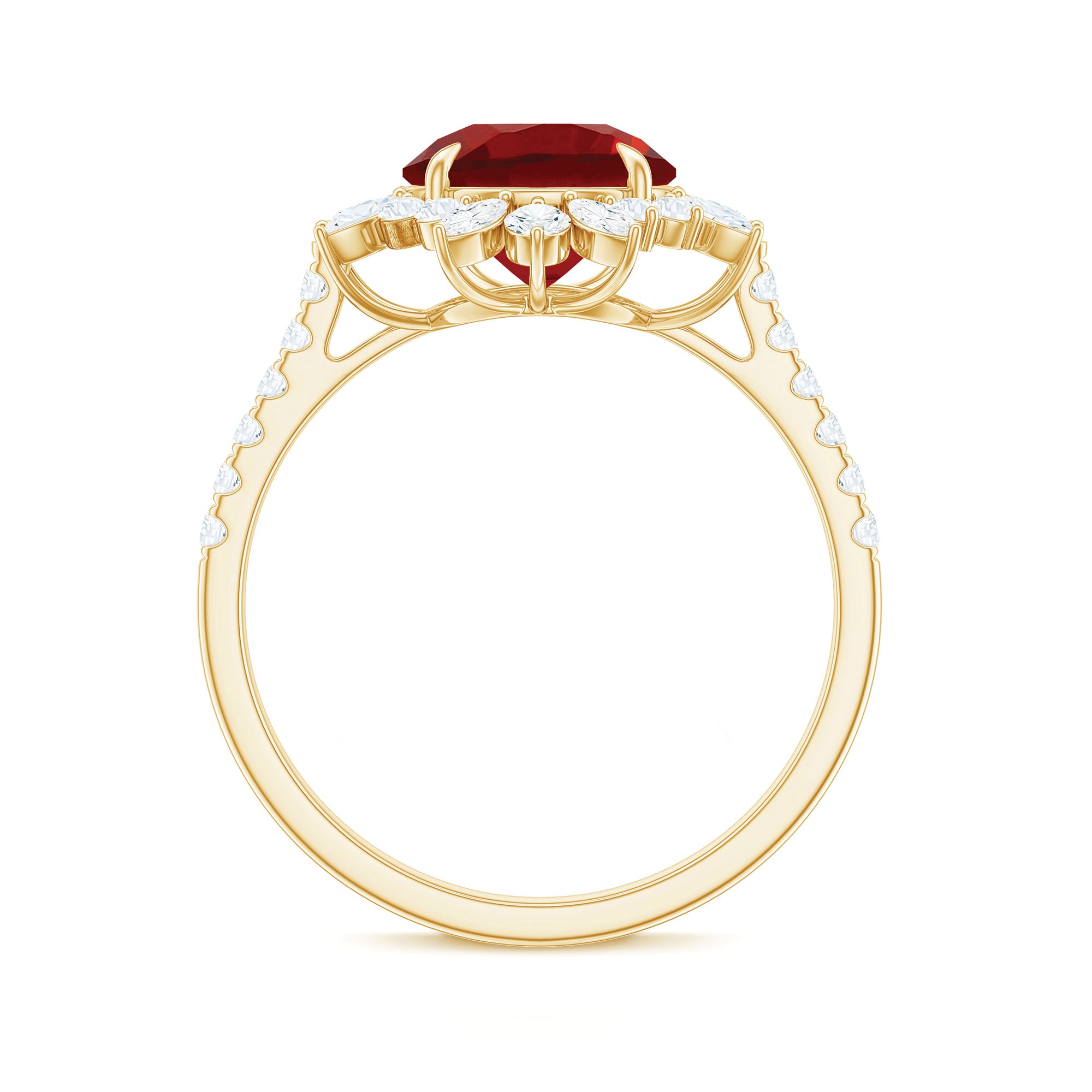 Rosec Jewels-Round Created Ruby Statement Ring with Moissanite Floral Halo