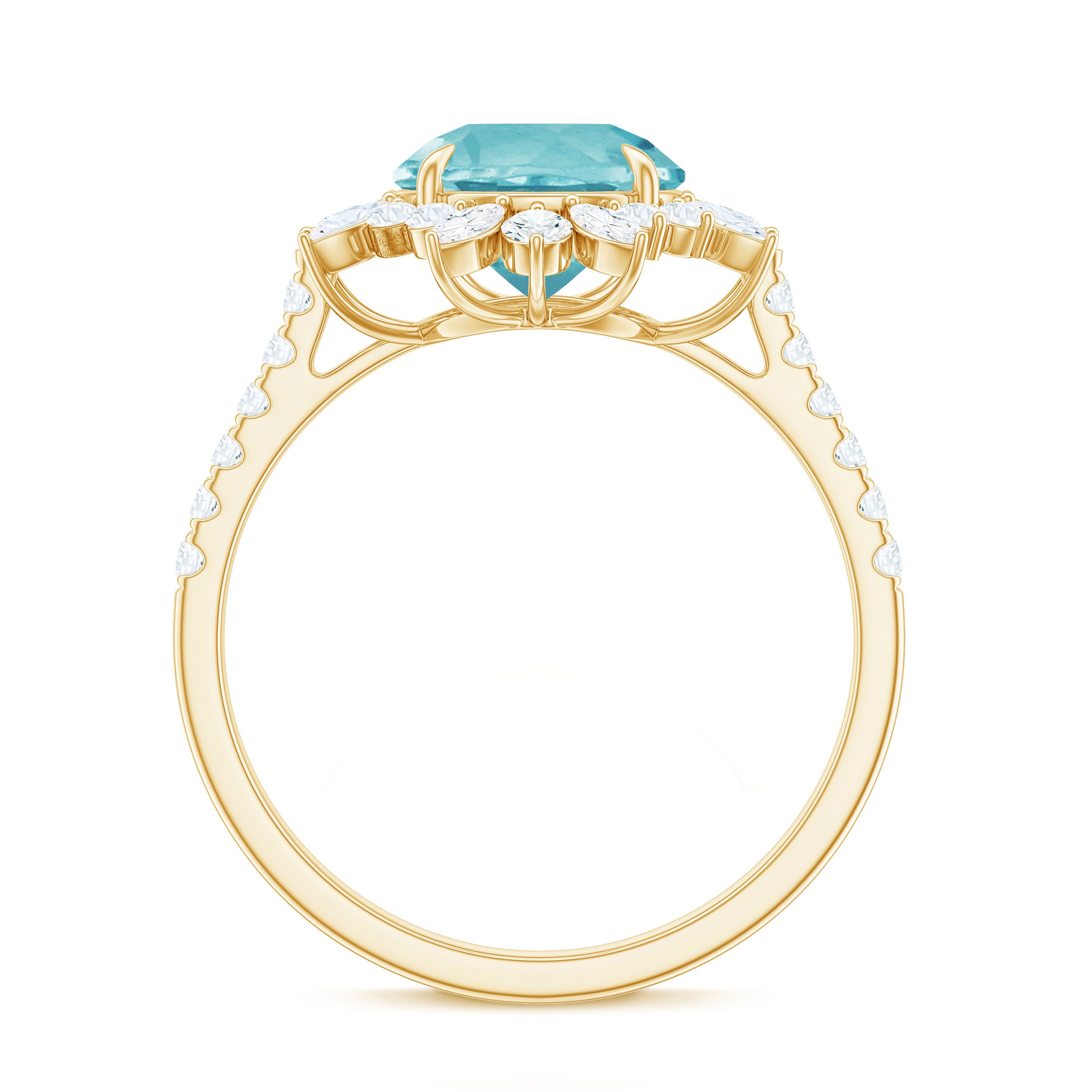 Rosec Jewels-Round Sky Blue Topaz Statement Engagement Ring with Moissanite Floral Halo