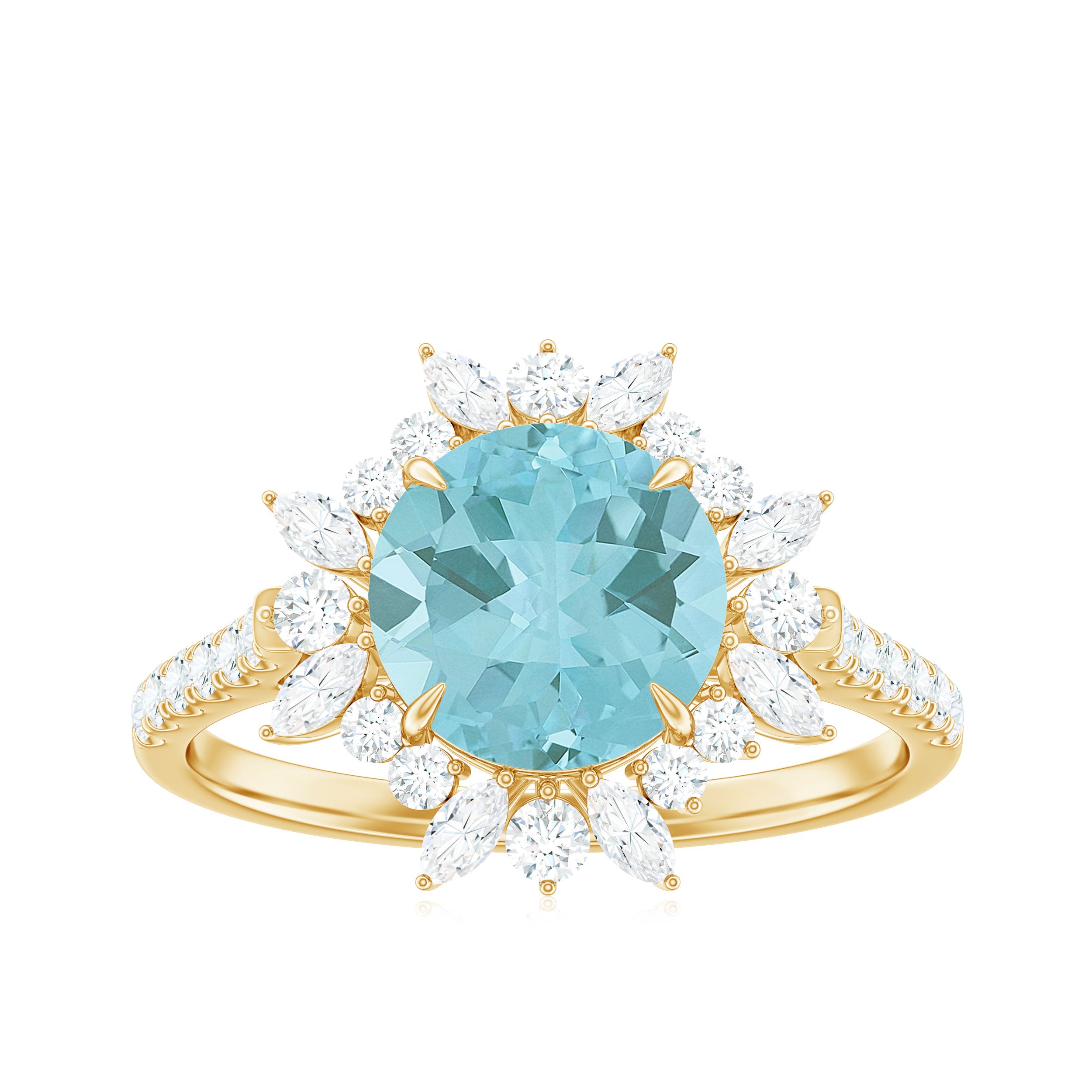 Rosec Jewels-Round Sky Blue Topaz Statement Engagement Ring with Moissanite Floral Halo