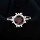 Rosec Jewels-Round Garnet Statement Ring with Diamond Floral Halo