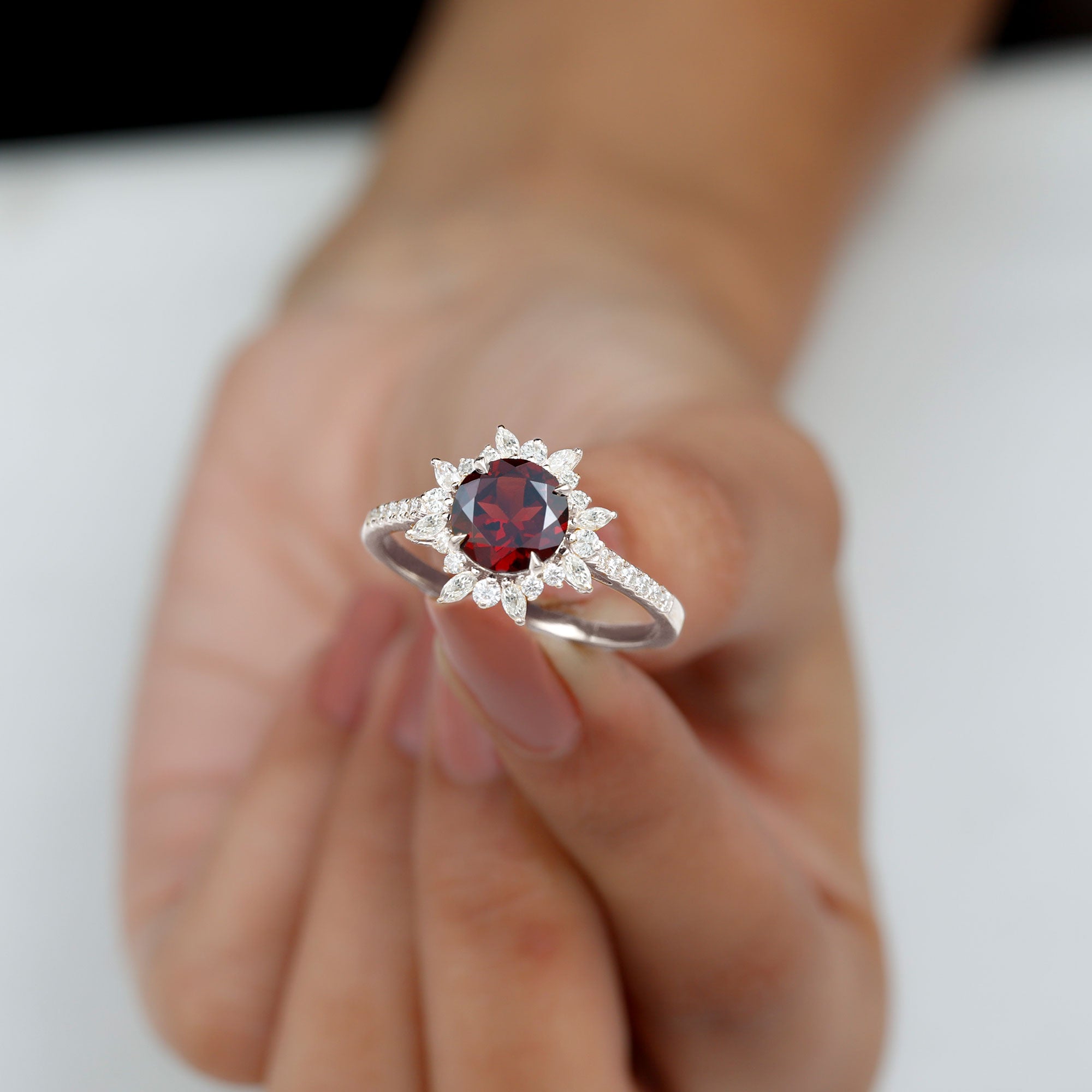 Rosec Jewels-Round Garnet Statement Ring with Diamond Floral Halo