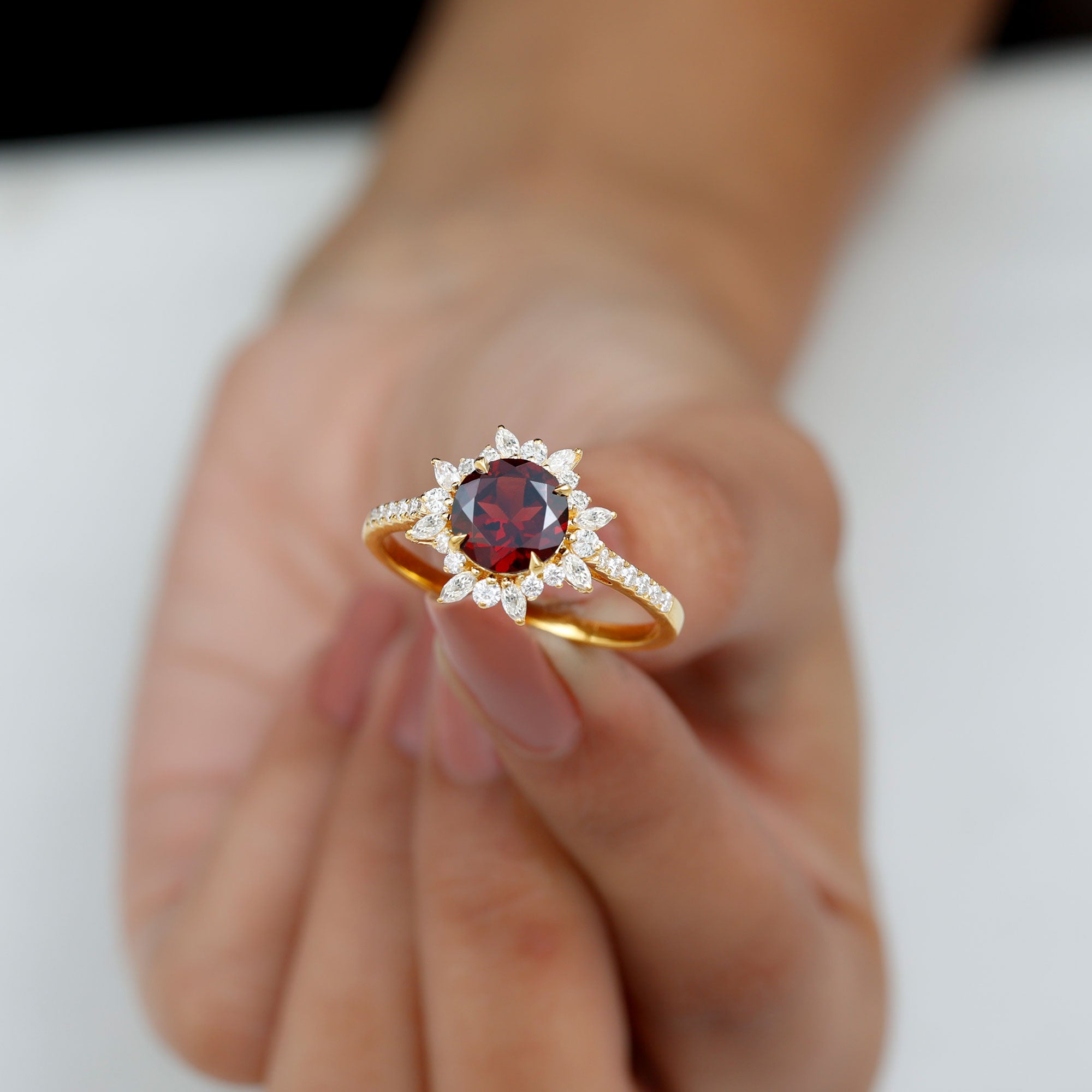 Rosec Jewels-Round Garnet Statement Ring with Diamond Floral Halo