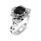 Rosec Jewels-2 CT Created Black Diamond Floral Engagement Ring with Diamond Accent