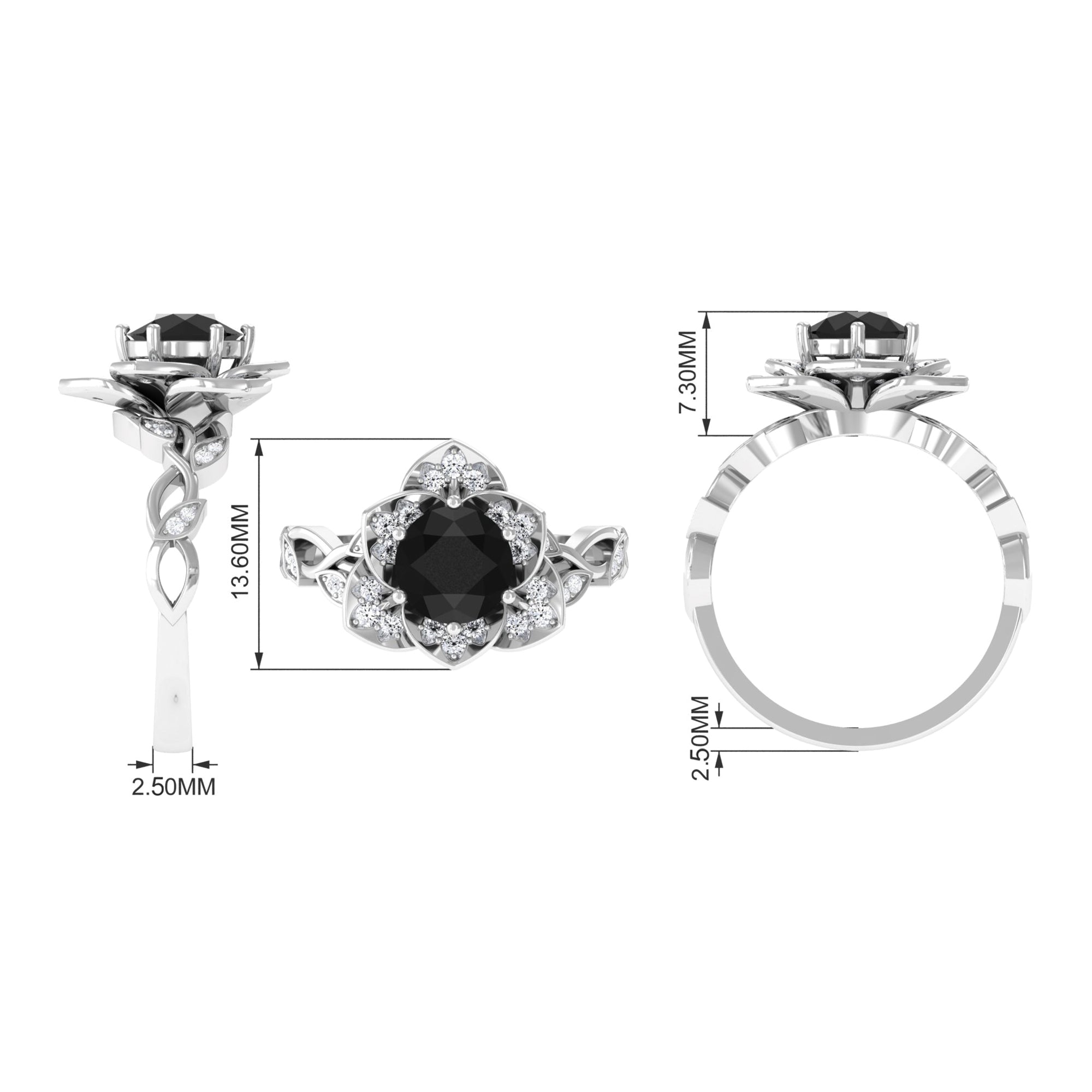 Rosec Jewels-2 CT Created Black Diamond Floral Engagement Ring with Diamond Accent