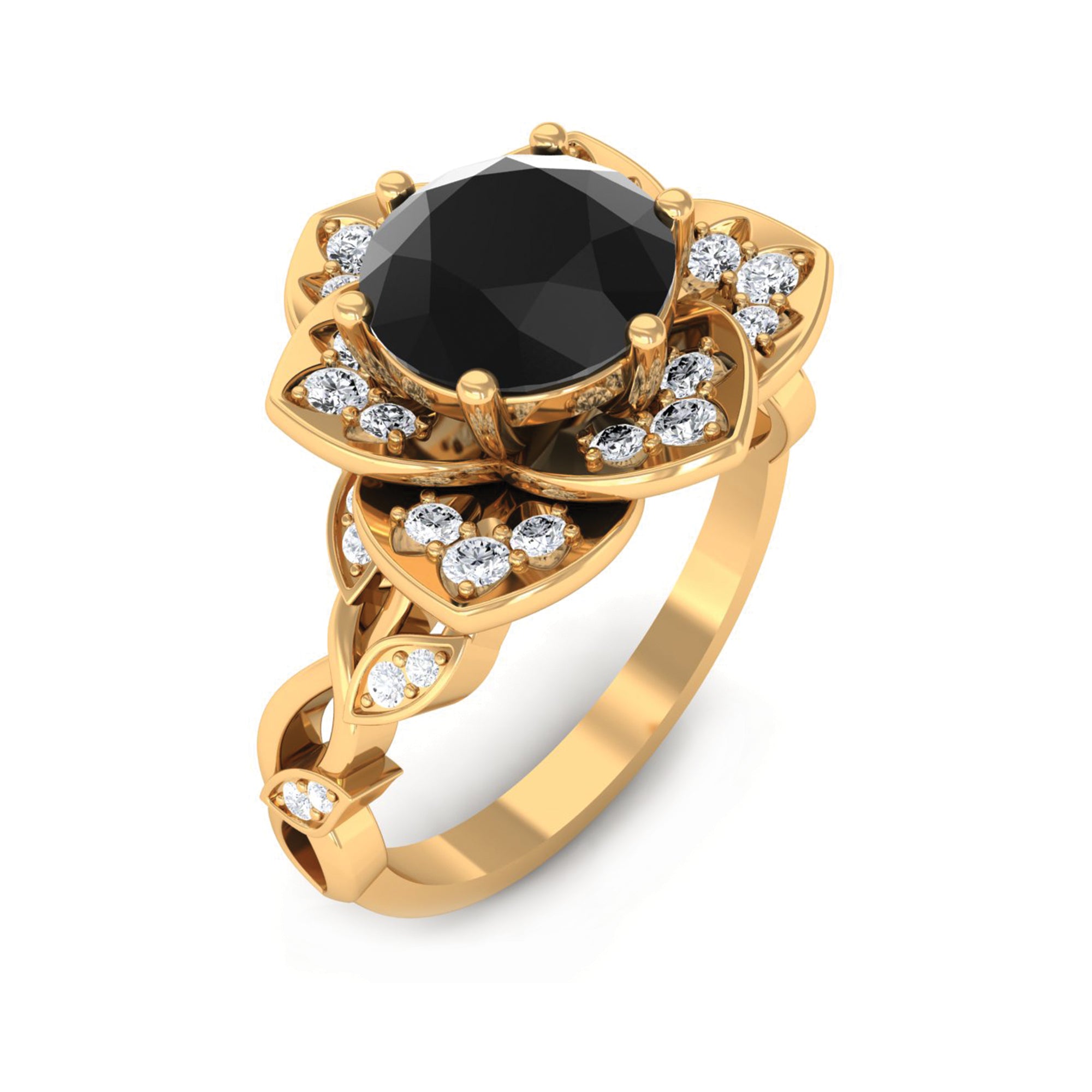 Rosec Jewels-2 CT Created Black Diamond Floral Engagement Ring with Diamond Accent