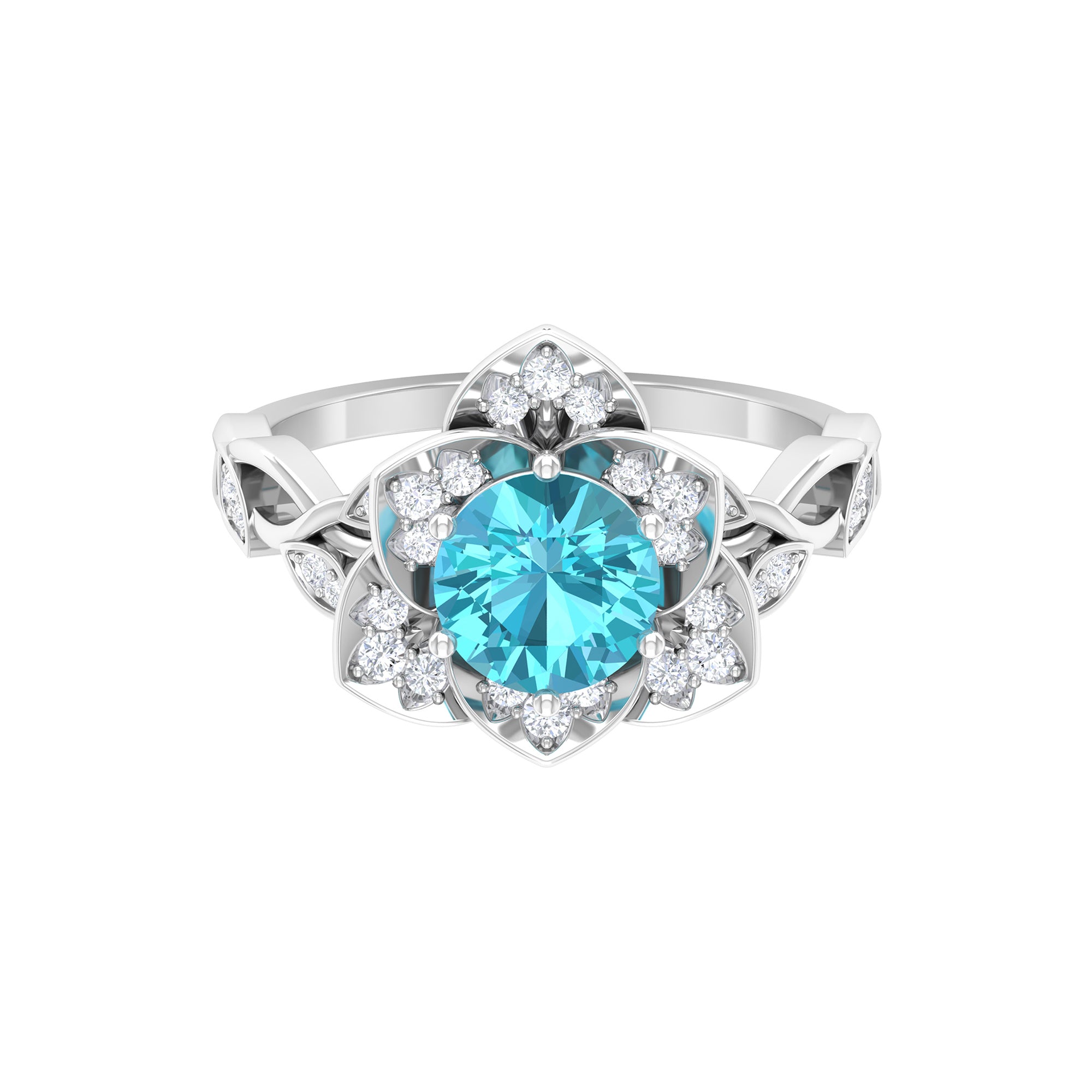 Rosec Jewels-2 CT Swiss Blue Topaz Floral Engagement Ring with Diamond Accent