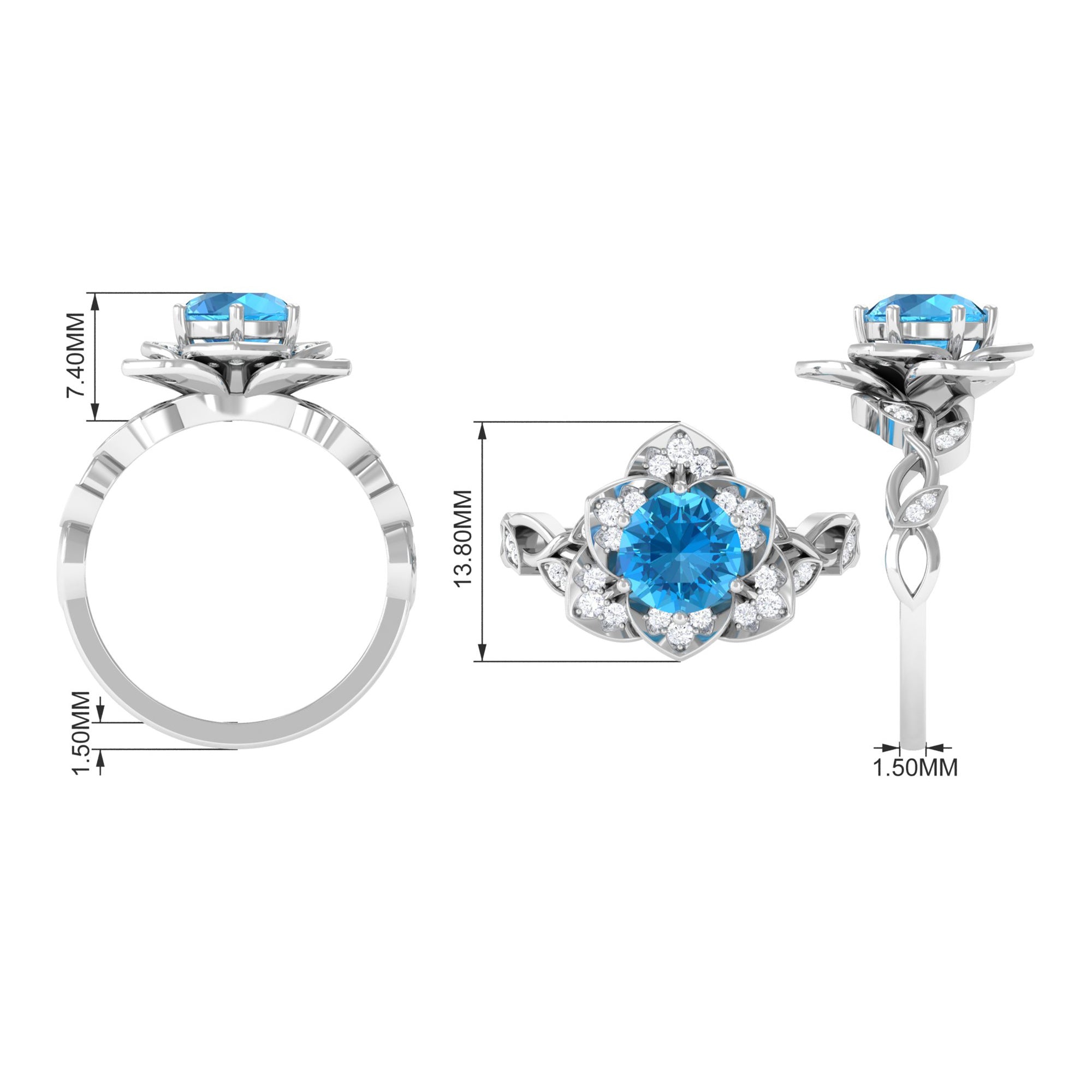 Rosec Jewels-2 CT Swiss Blue Topaz Floral Engagement Ring with Diamond Accent