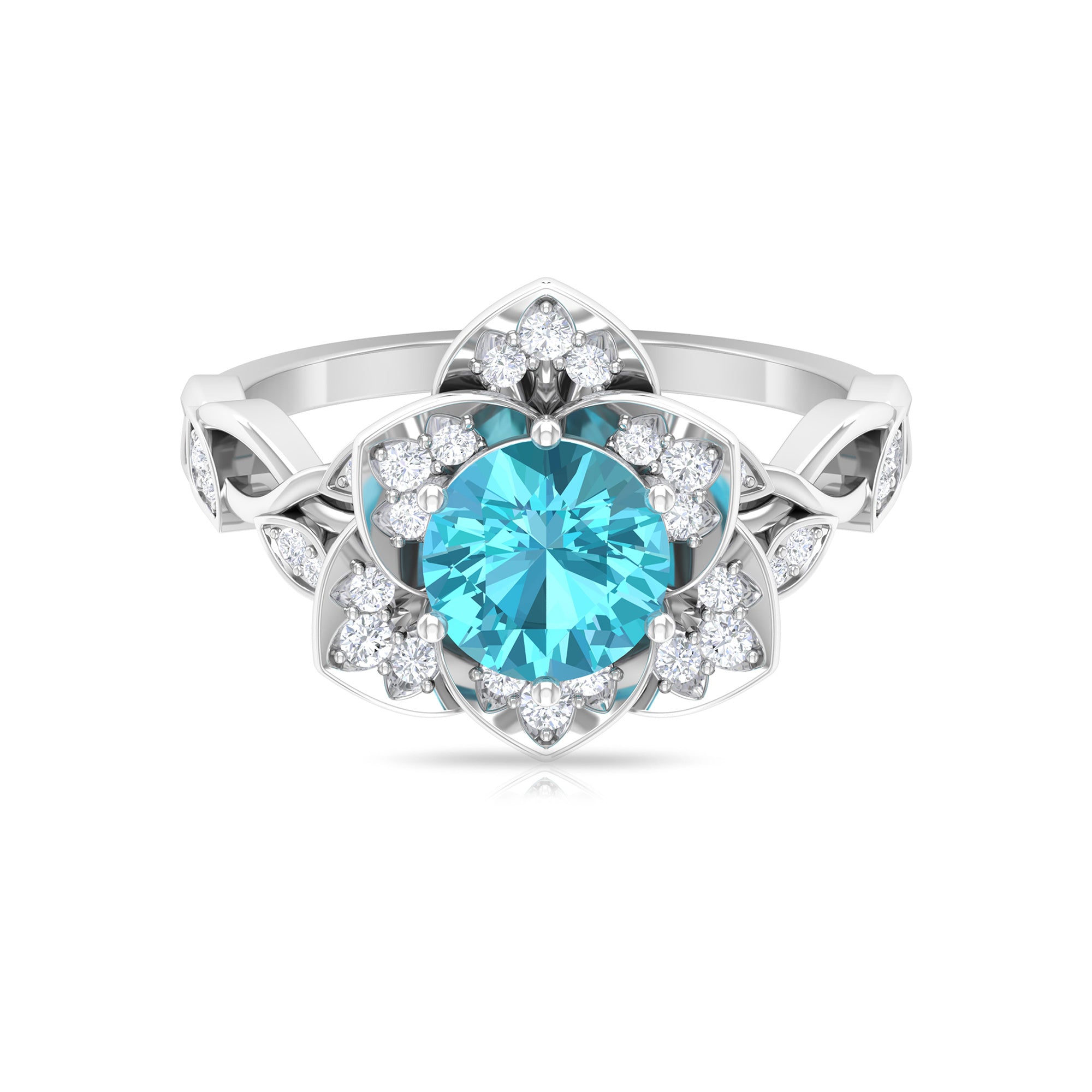 Rosec Jewels-2 CT Swiss Blue Topaz Floral Engagement Ring with Diamond Accent