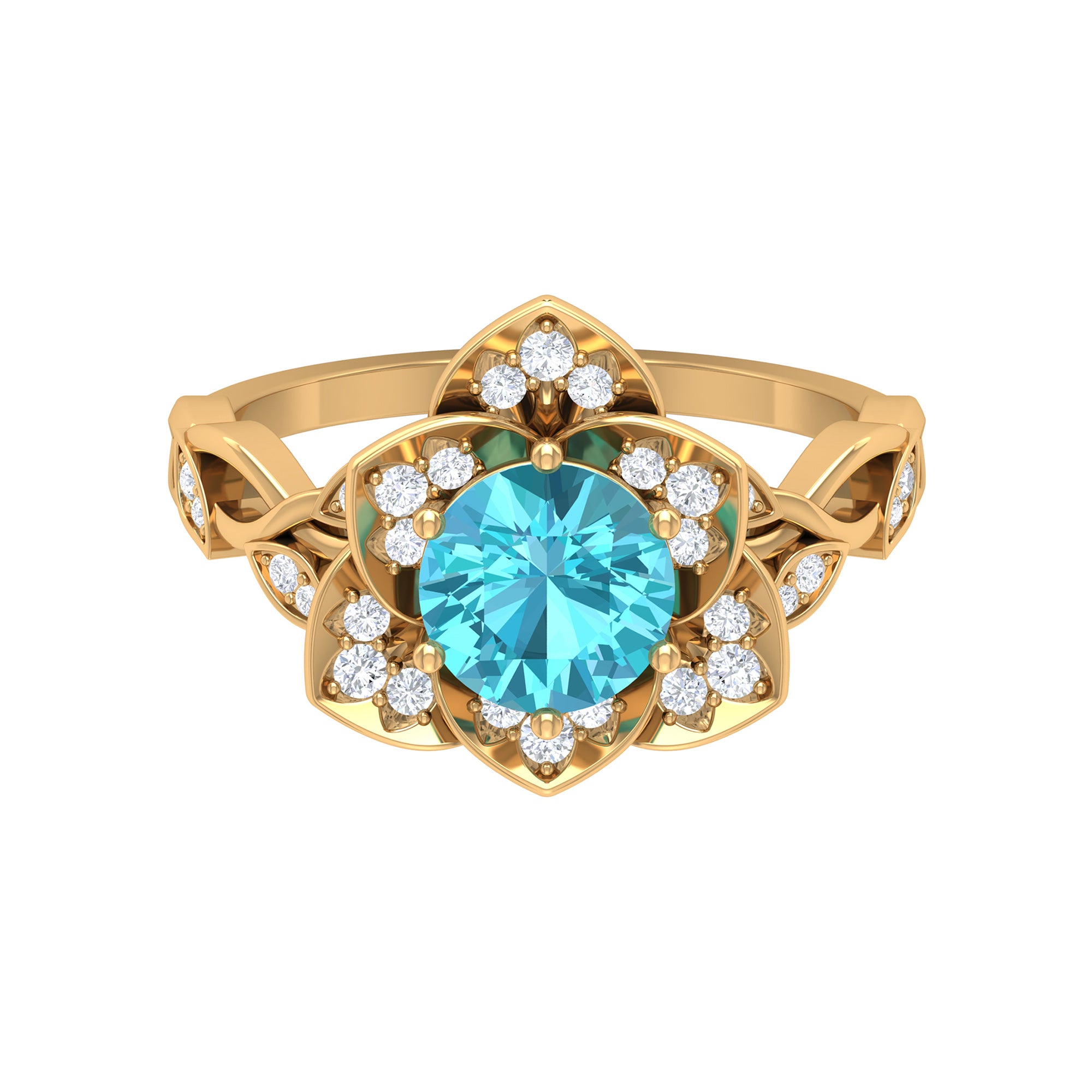 Rosec Jewels-2 CT Swiss Blue Topaz Floral Engagement Ring with Diamond Accent