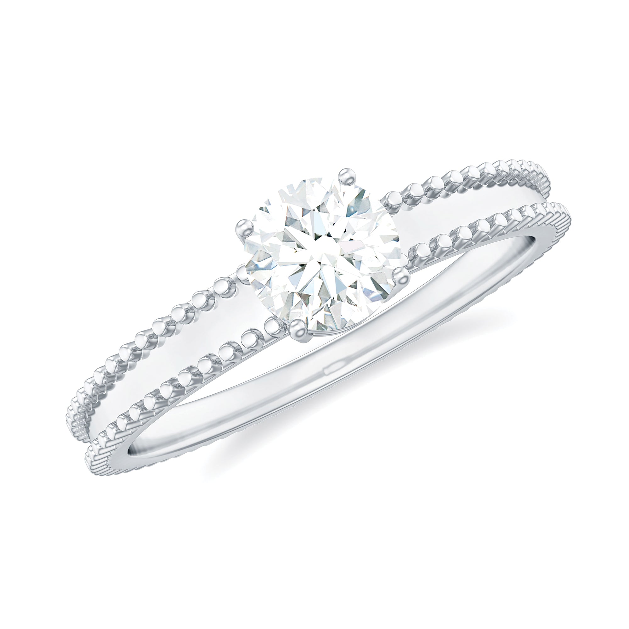 Rosec Jewels-Round Cut Moissanite Solitaire Ring with Beaded