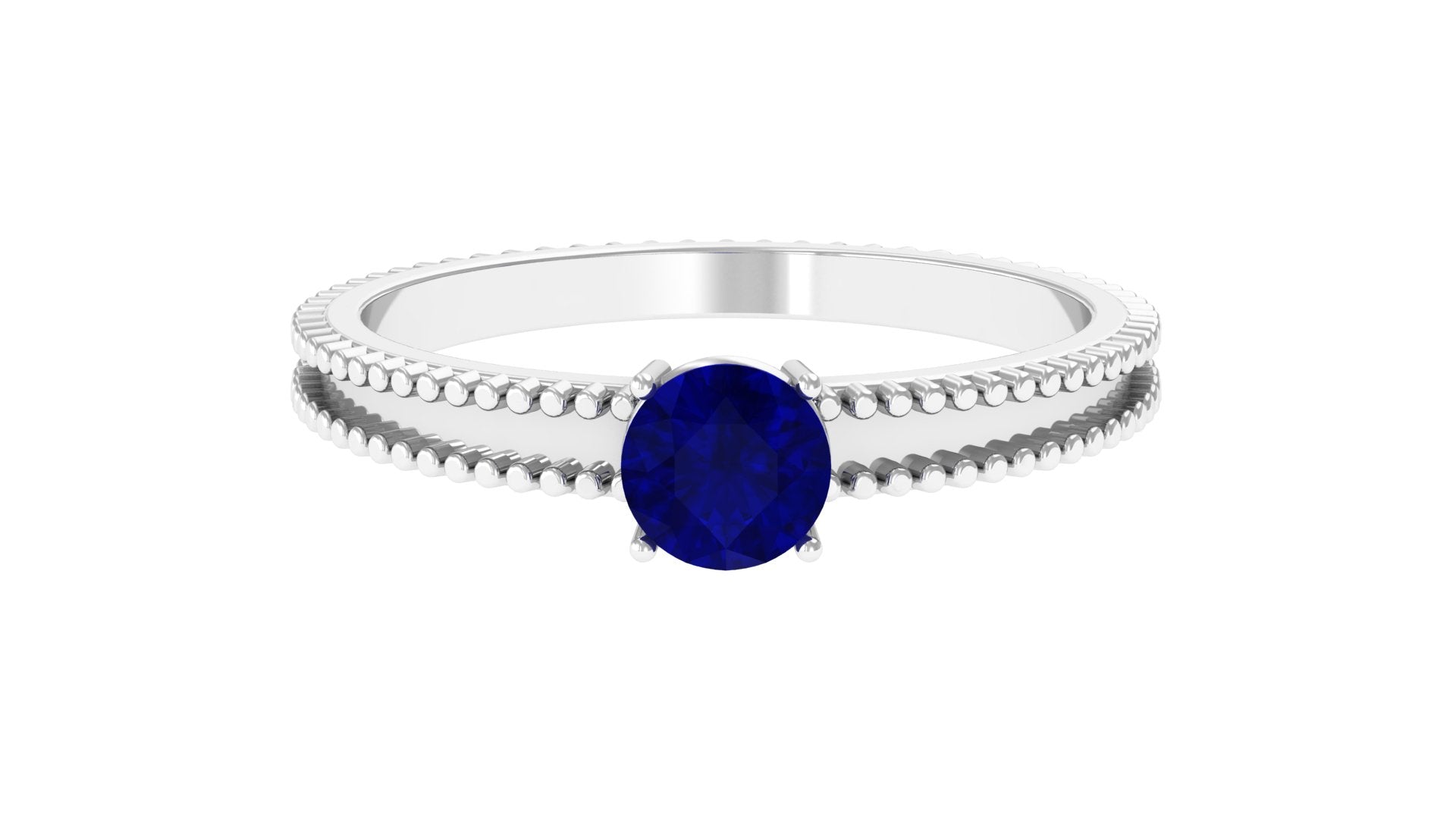 Rosec Jewels-5 MM Solitaire Blue Sapphire Band Ring with Beaded Embellishment