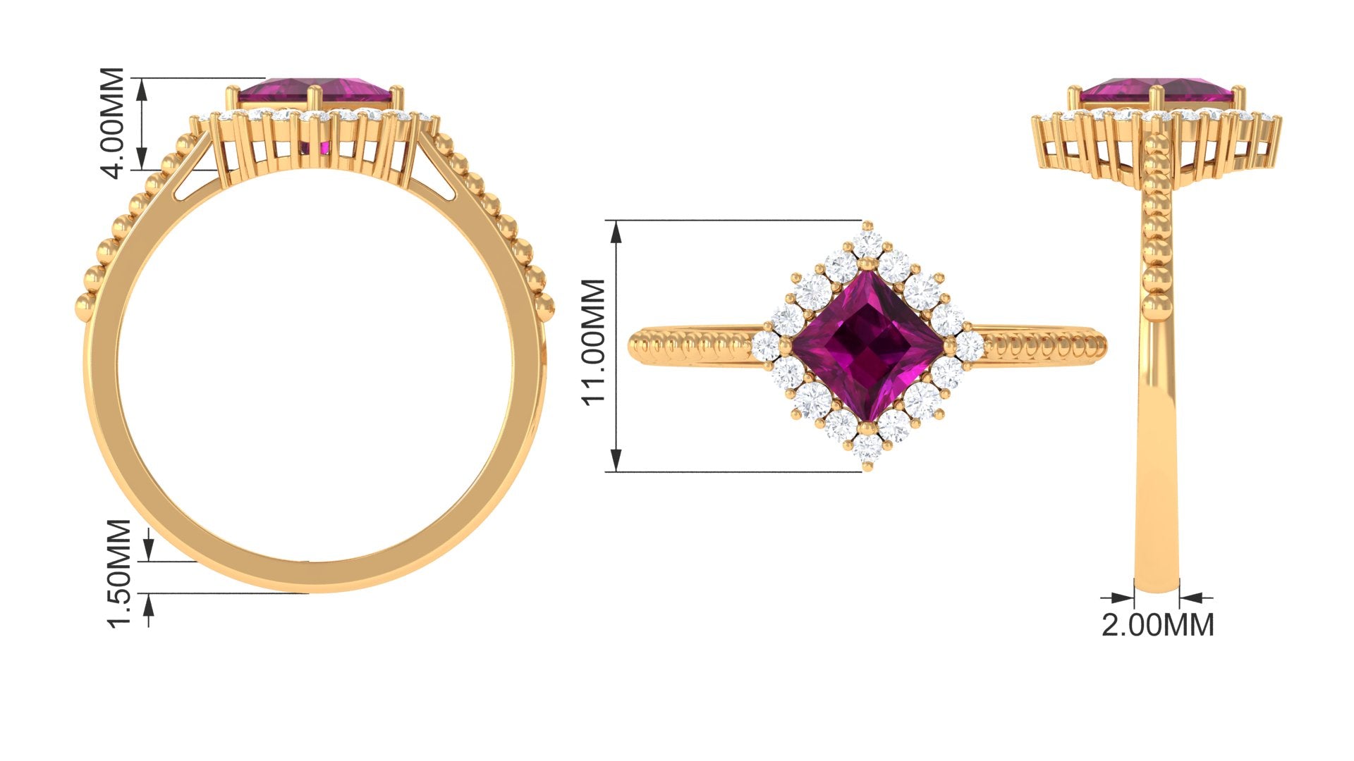 Rosec Jewels-Princess Cut Rhodolite and Moissanite Halo Ring with Beaded Gold