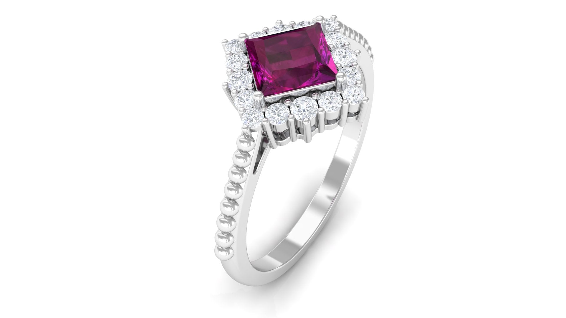 Rosec Jewels-Princess Cut Rhodolite and Moissanite Halo Ring with Beaded Gold