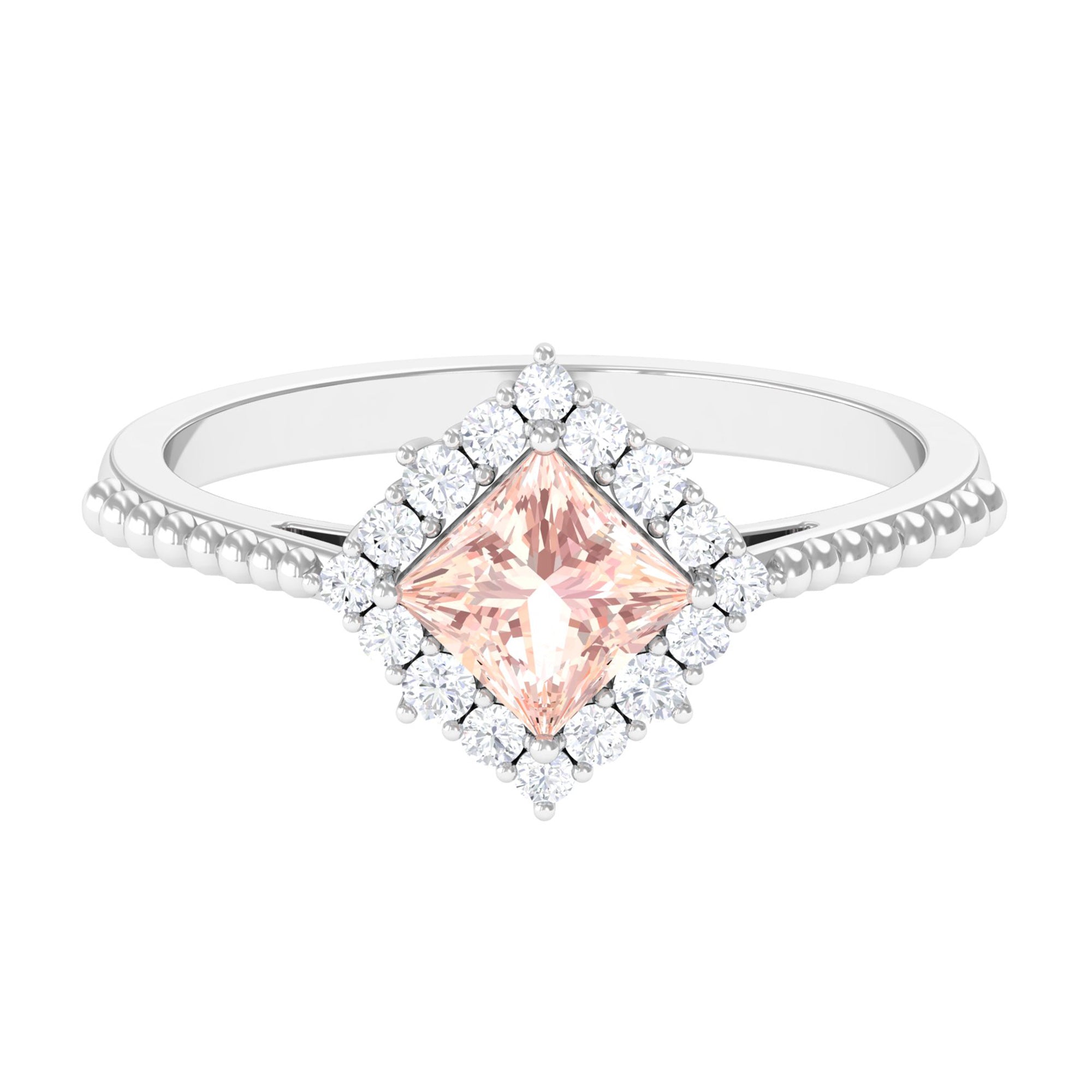 1 Ct Princess Morganite and Diamond Halo Engagement Ring Morganite - ( AAA ) - Quality - Rosec Jewels