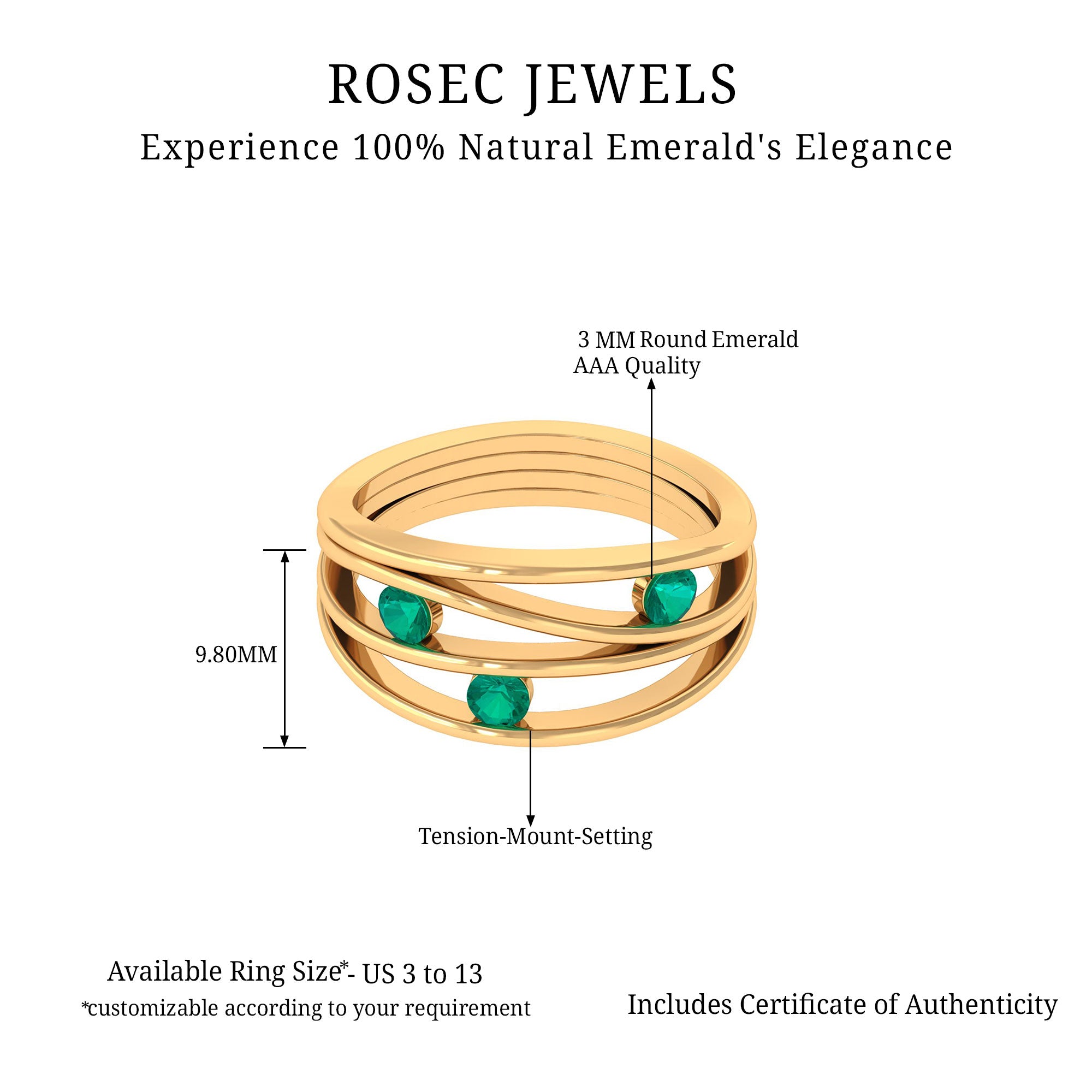 Rosec Jewels-Emerald Contemporary Cocktail Ring in Split Shank