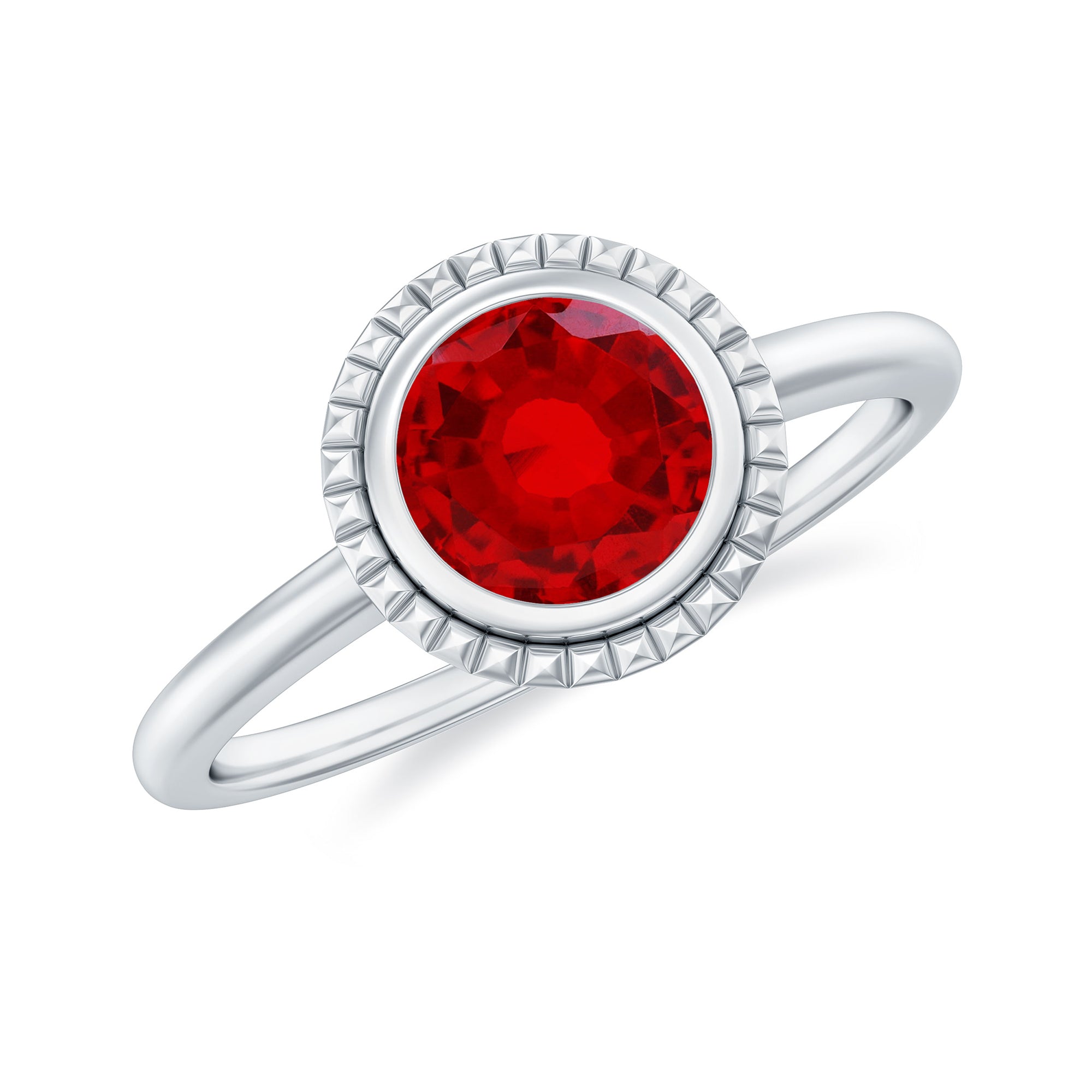 Rosec Jewels-Round Lab-Created Ruby Solitaire Gold Ring in Bezel Setting