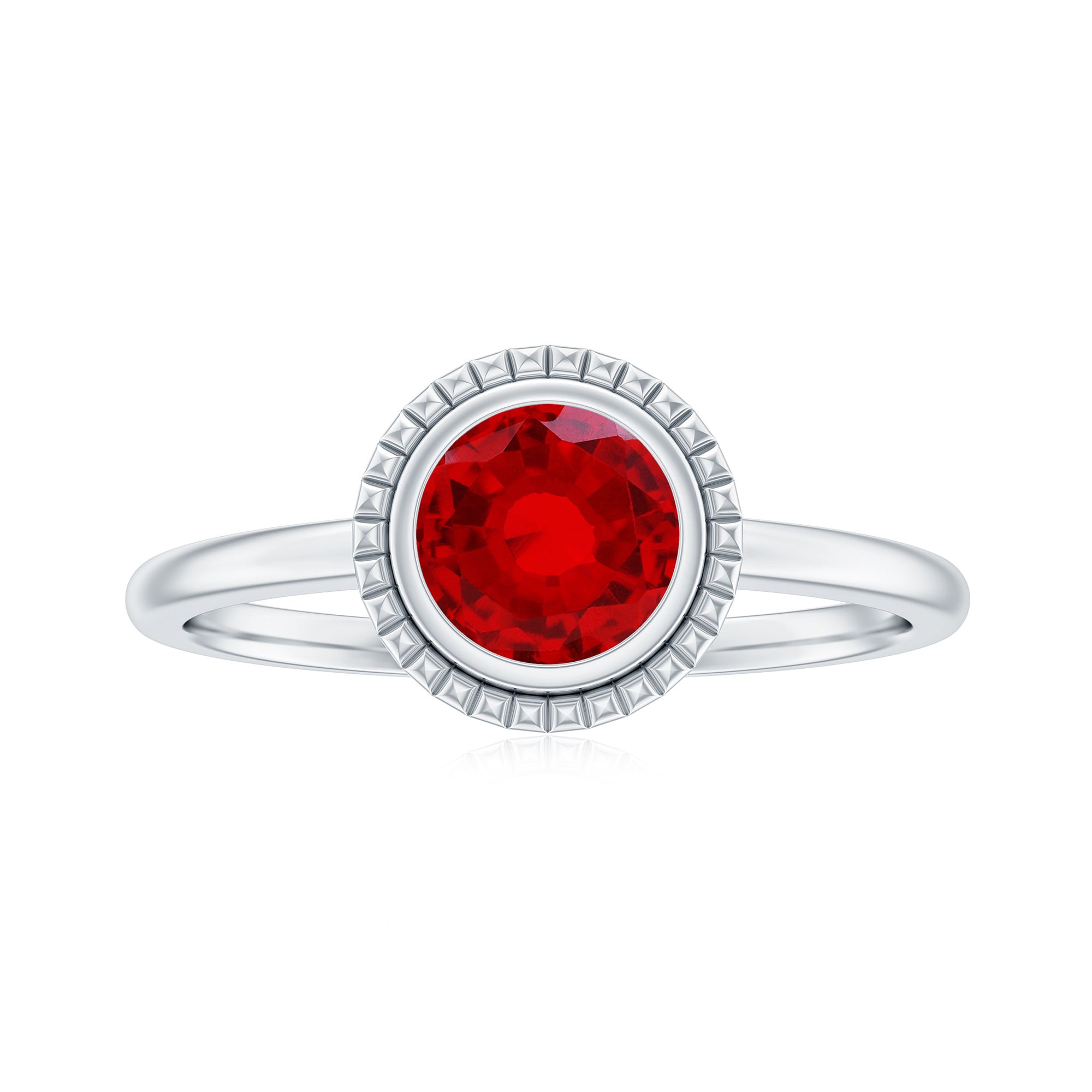 Rosec Jewels-Round Lab-Created Ruby Solitaire Gold Ring in Bezel Setting