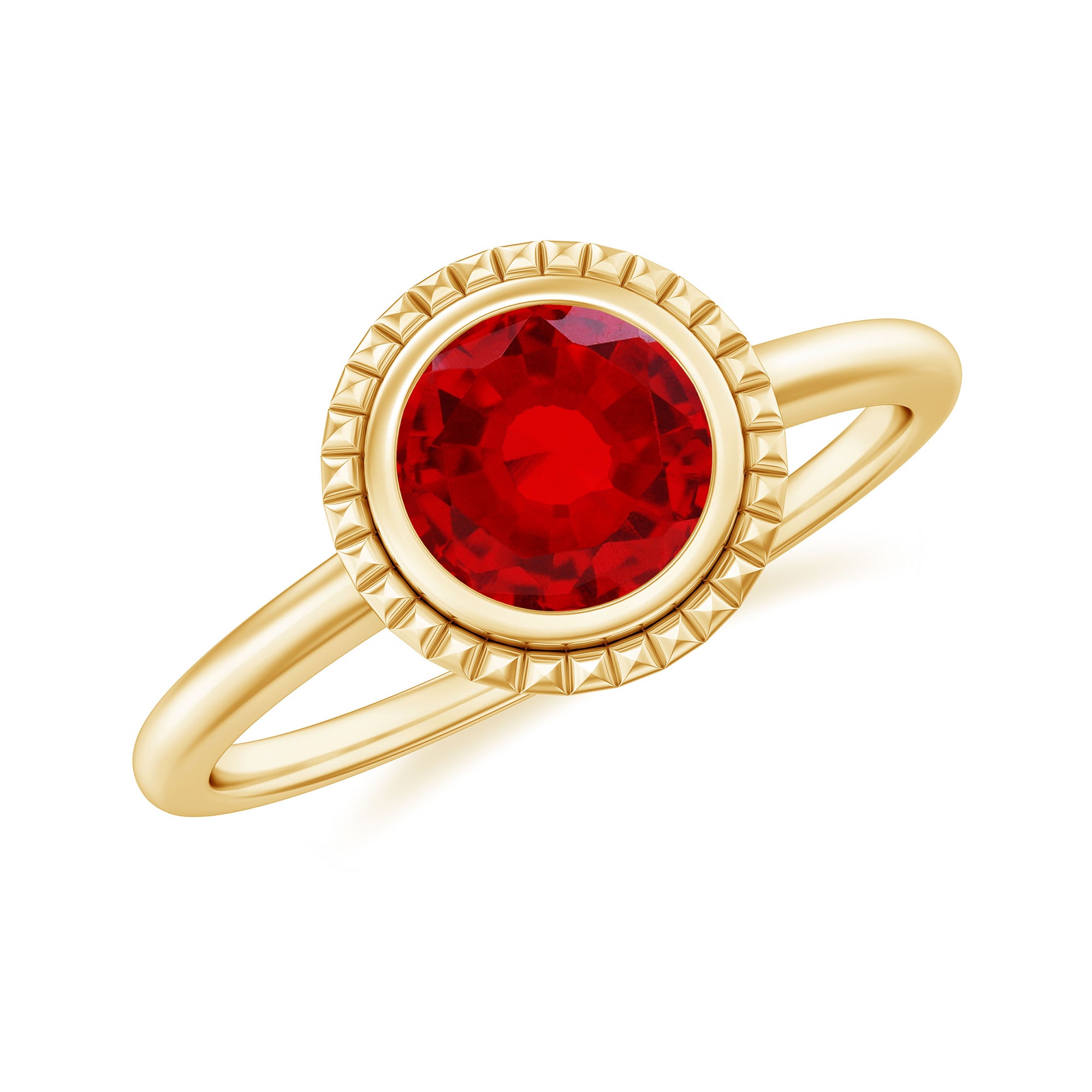 Rosec Jewels-Round Lab-Created Ruby Solitaire Gold Ring in Bezel Setting