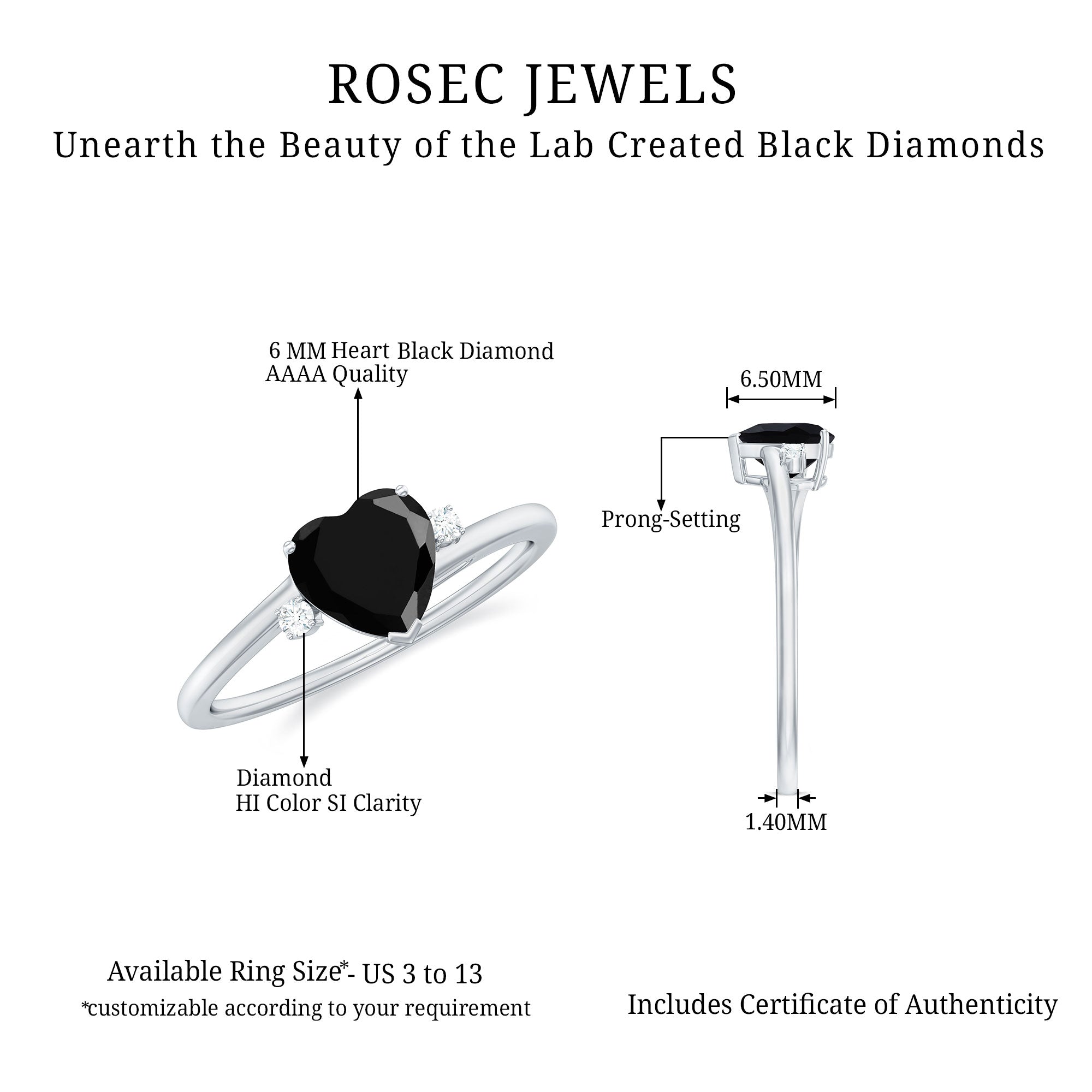 Rosec Jewels-Heart Shape Solitaire Promise Ring with Lab Grown Black Diamond