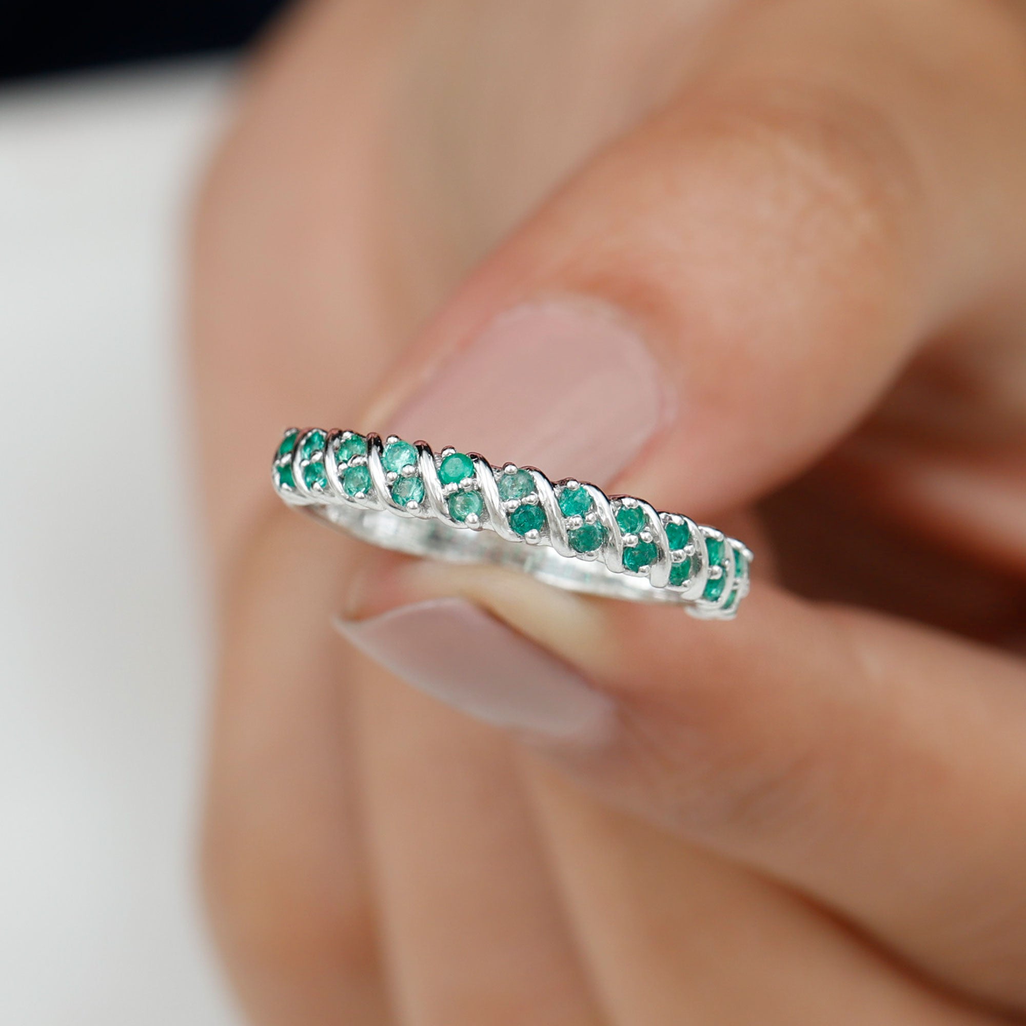 Rosec Jewels-Classic Half Eternity Band Ring with Round Emerald