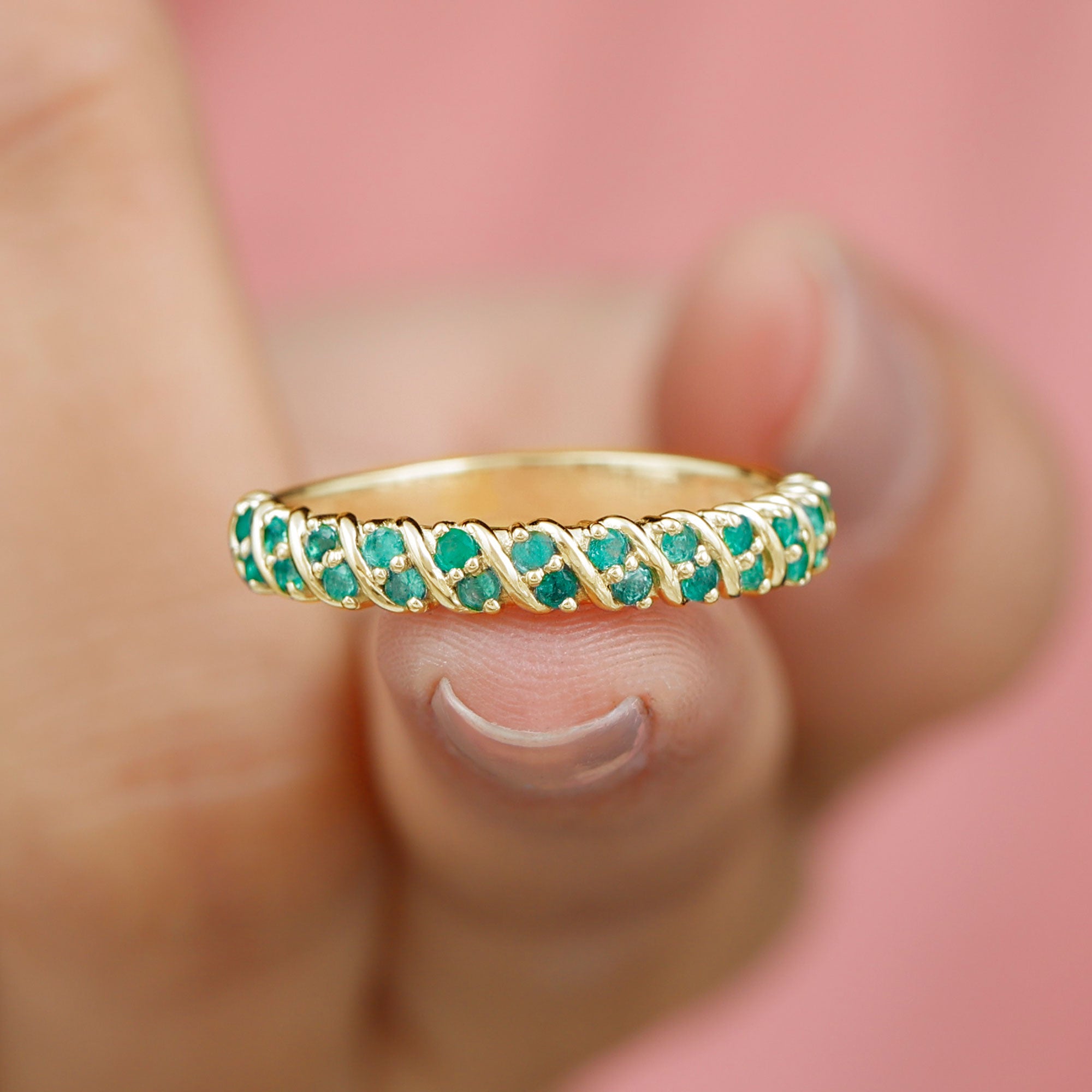 Rosec Jewels-Classic Half Eternity Band Ring with Round Emerald