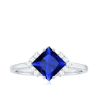 Rosec Jewels-Princess Cut Created Blue Sapphire Engagement Ring with Diamond Accent