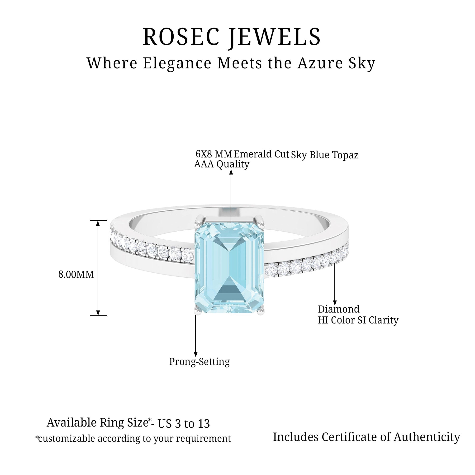 Rosec Jewels-Solitaire Engagement Ring with Emerald Cut Sky Blue Topaz and Diamond