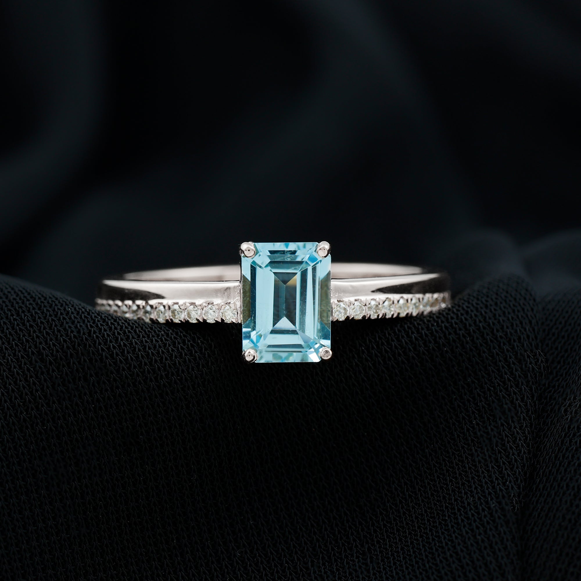 Rosec Jewels-Solitaire Engagement Ring with Emerald Cut Sky Blue Topaz and Diamond