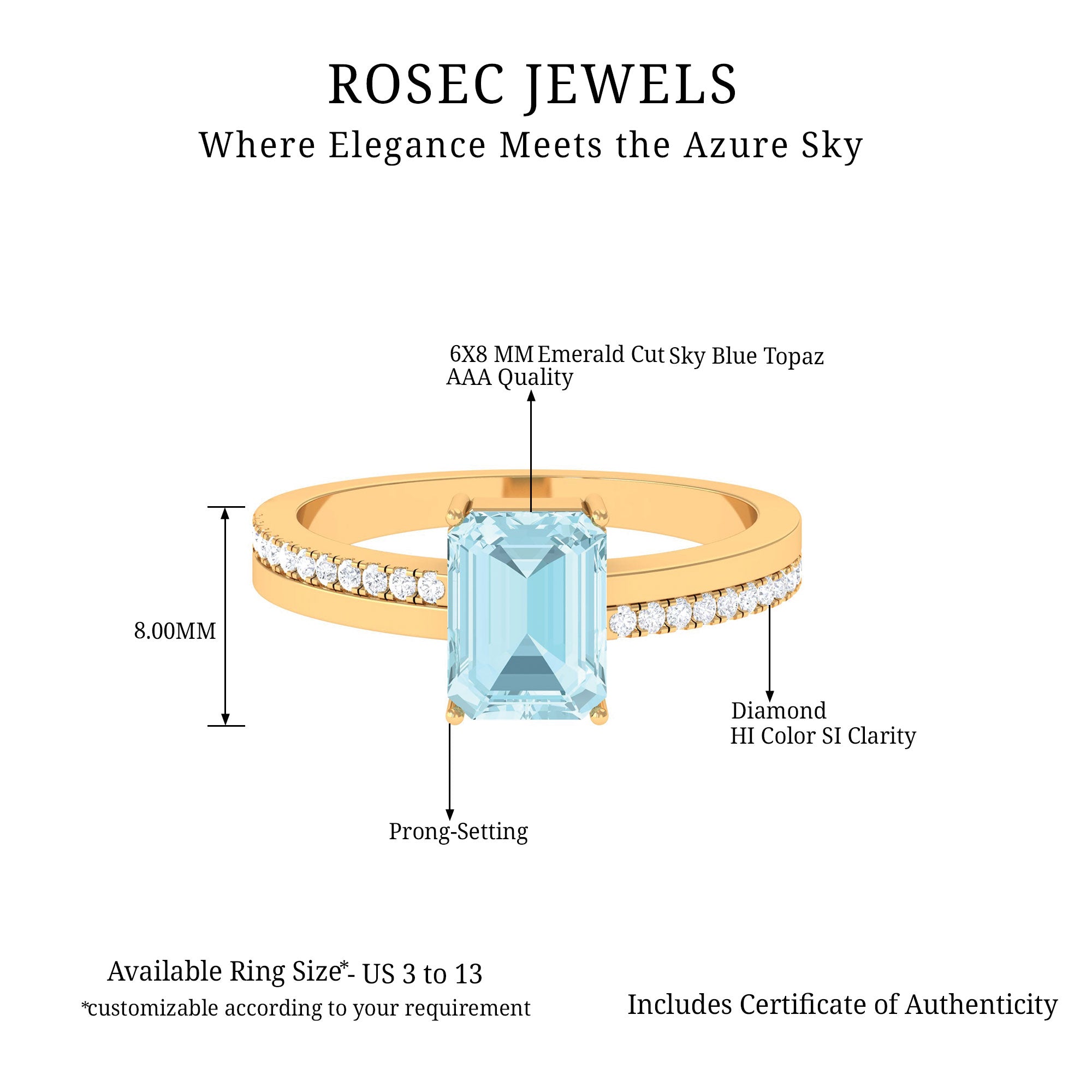 Rosec Jewels-Solitaire Engagement Ring with Emerald Cut Sky Blue Topaz and Diamond