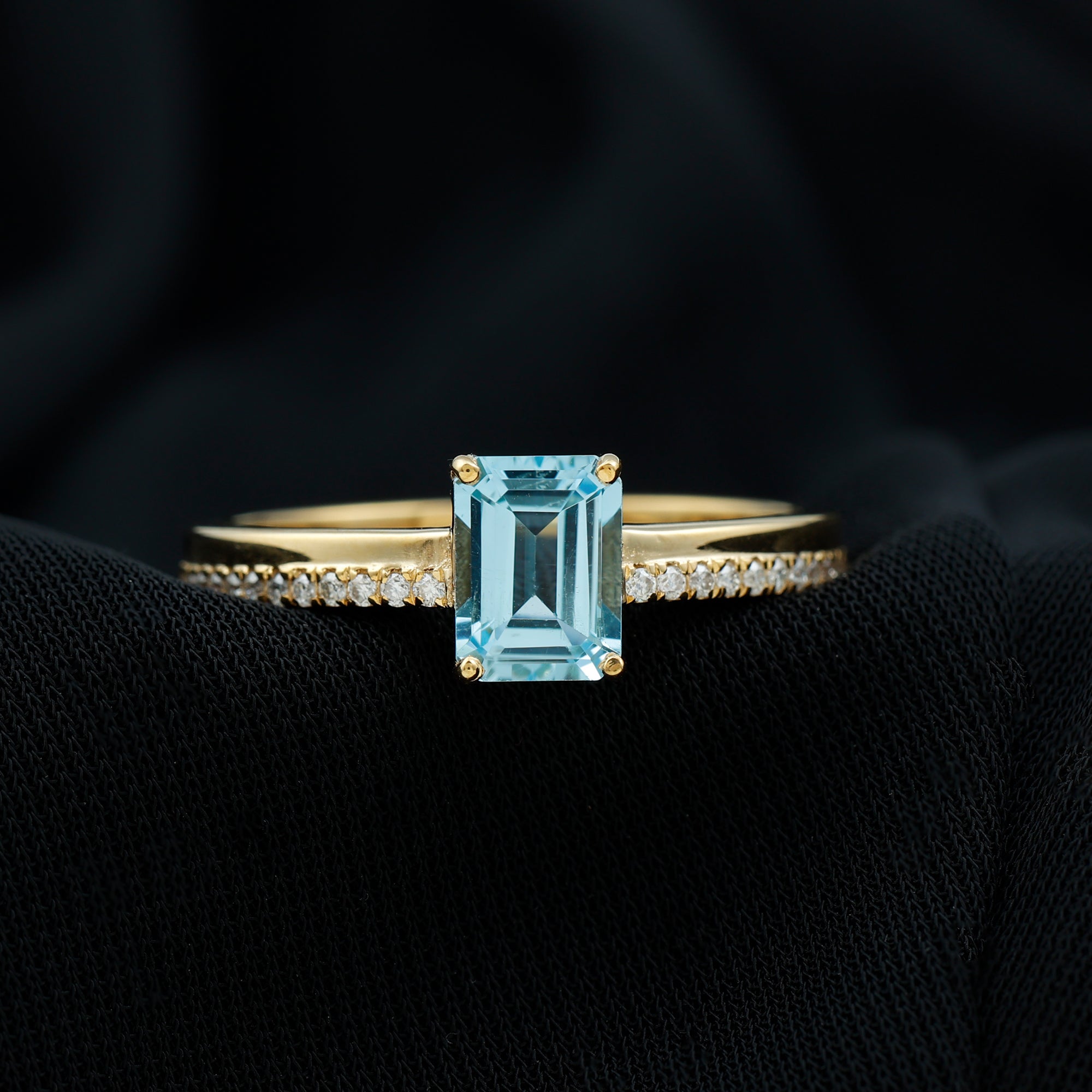 Rosec Jewels-Solitaire Engagement Ring with Emerald Cut Sky Blue Topaz and Diamond