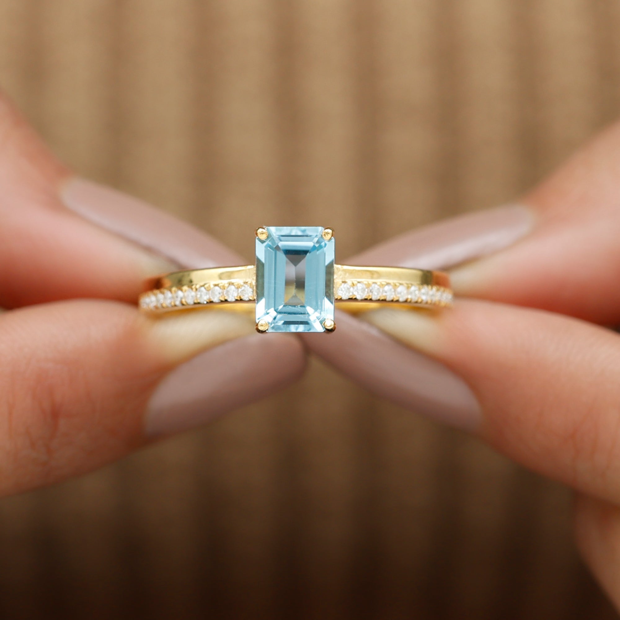 Rosec Jewels-Solitaire Engagement Ring with Emerald Cut Sky Blue Topaz and Diamond