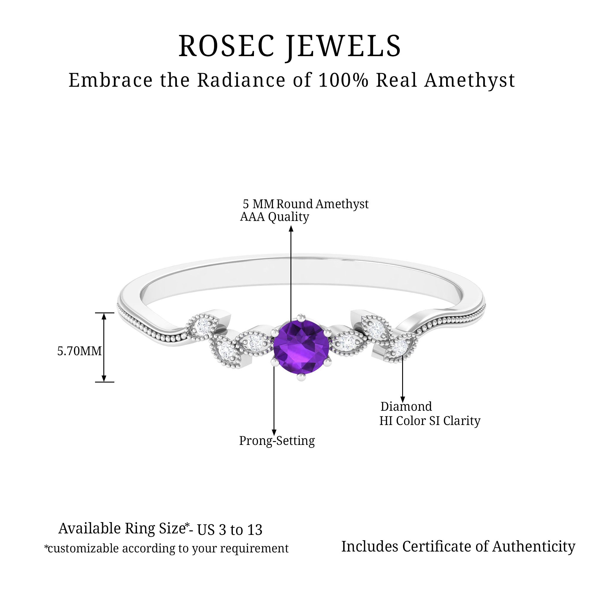 Rosec Jewels-Amethyst and Diamond Leaf Promise Ring with Beaded Detailing