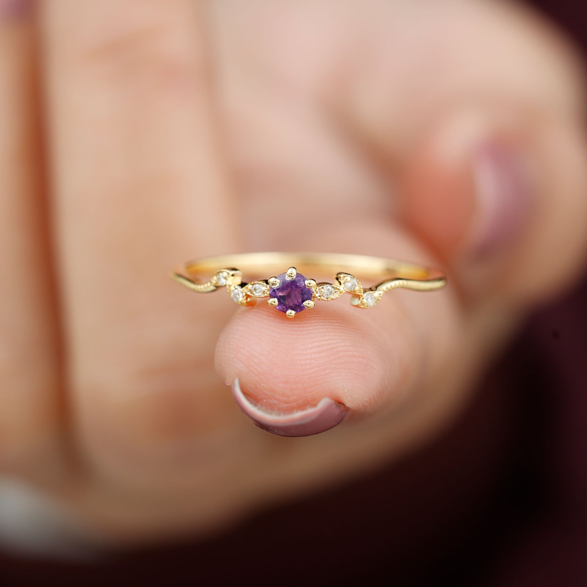 Rosec Jewels-Amethyst and Diamond Leaf Promise Ring with Beaded Detailing