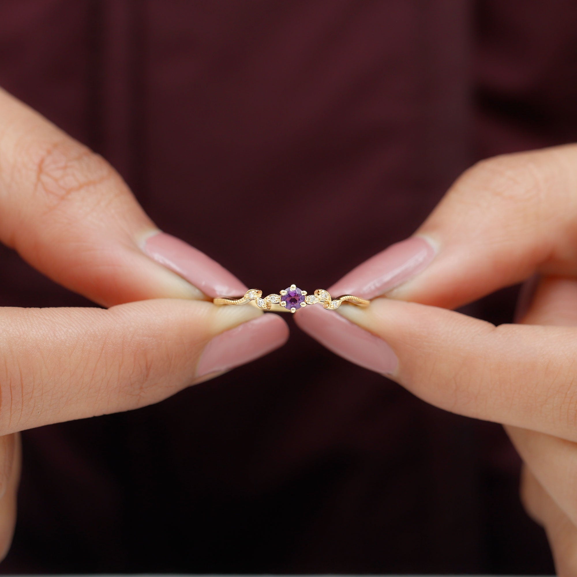 Rosec Jewels-Amethyst and Diamond Leaf Promise Ring with Beaded Detailing