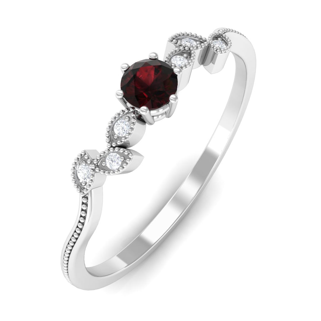 Rosec Jewels-Natural Garnet Solitaire Leaf Inspired Promise Ring with Beaded Details