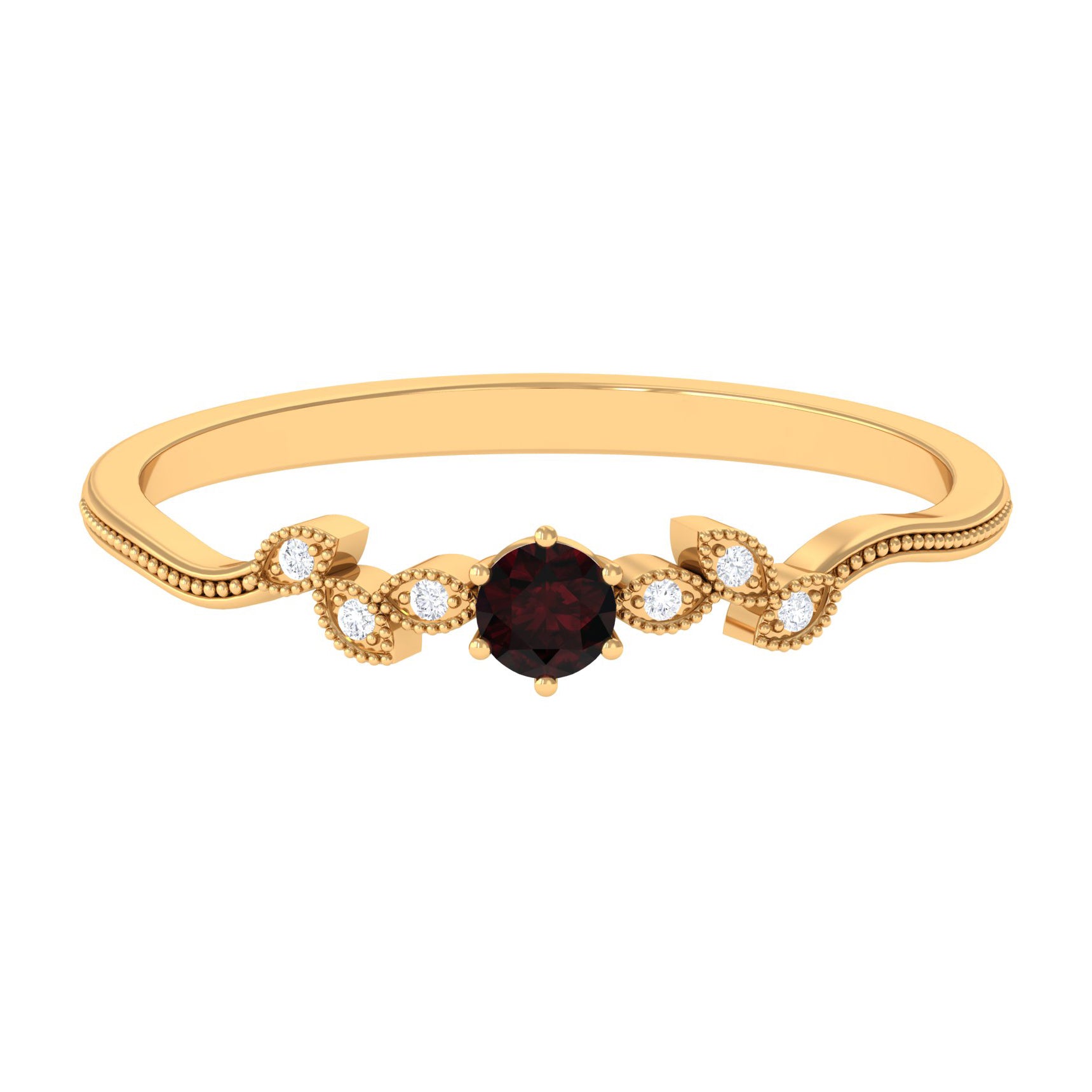 Rosec Jewels-Natural Garnet Solitaire Leaf Inspired Promise Ring with Beaded Details