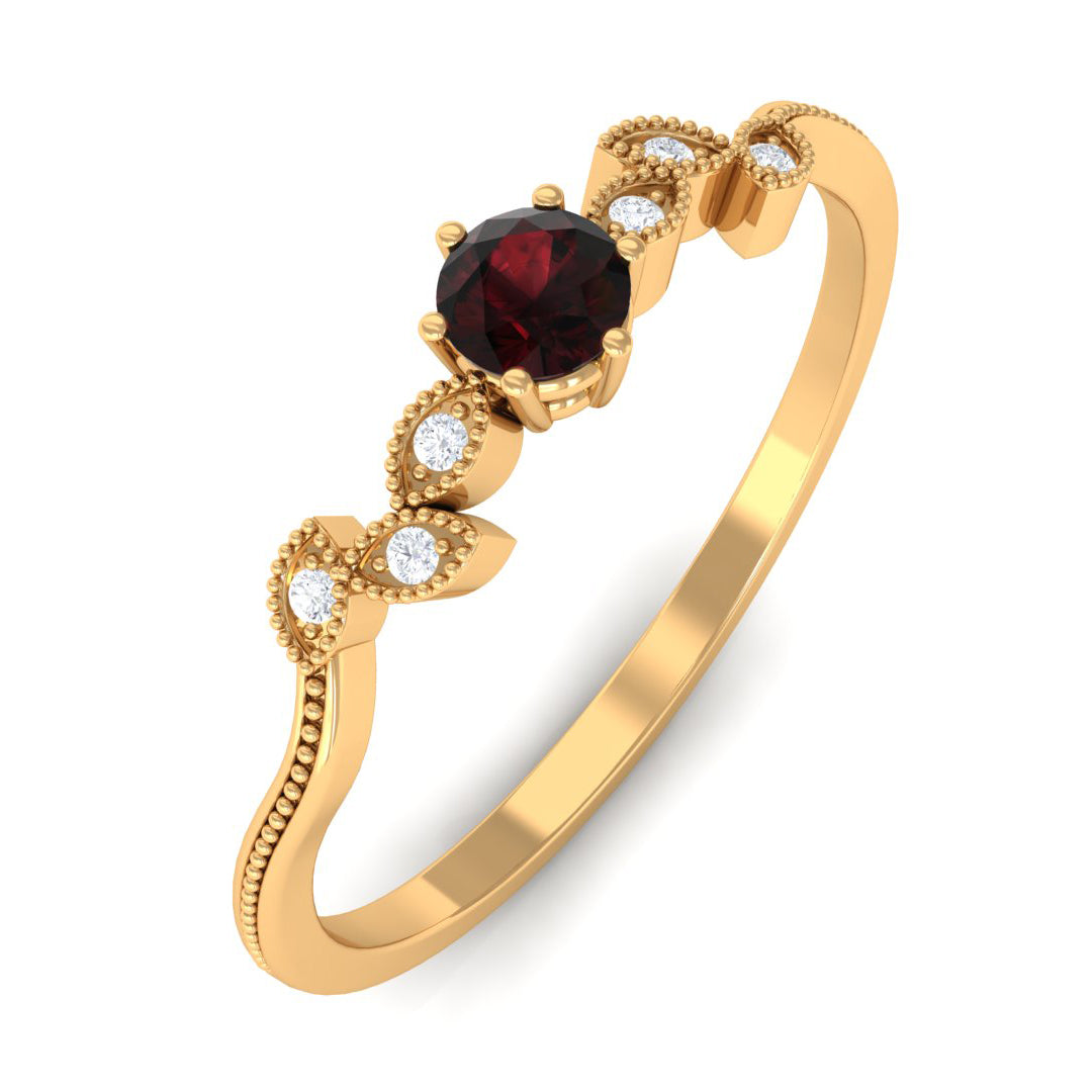 Rosec Jewels-Natural Garnet Solitaire Leaf Inspired Promise Ring with Beaded Details