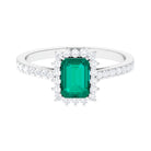 Rosec Jewels-Vintage Inspired Octagon Cut Emerald and Diamond Halo Engagement Ring