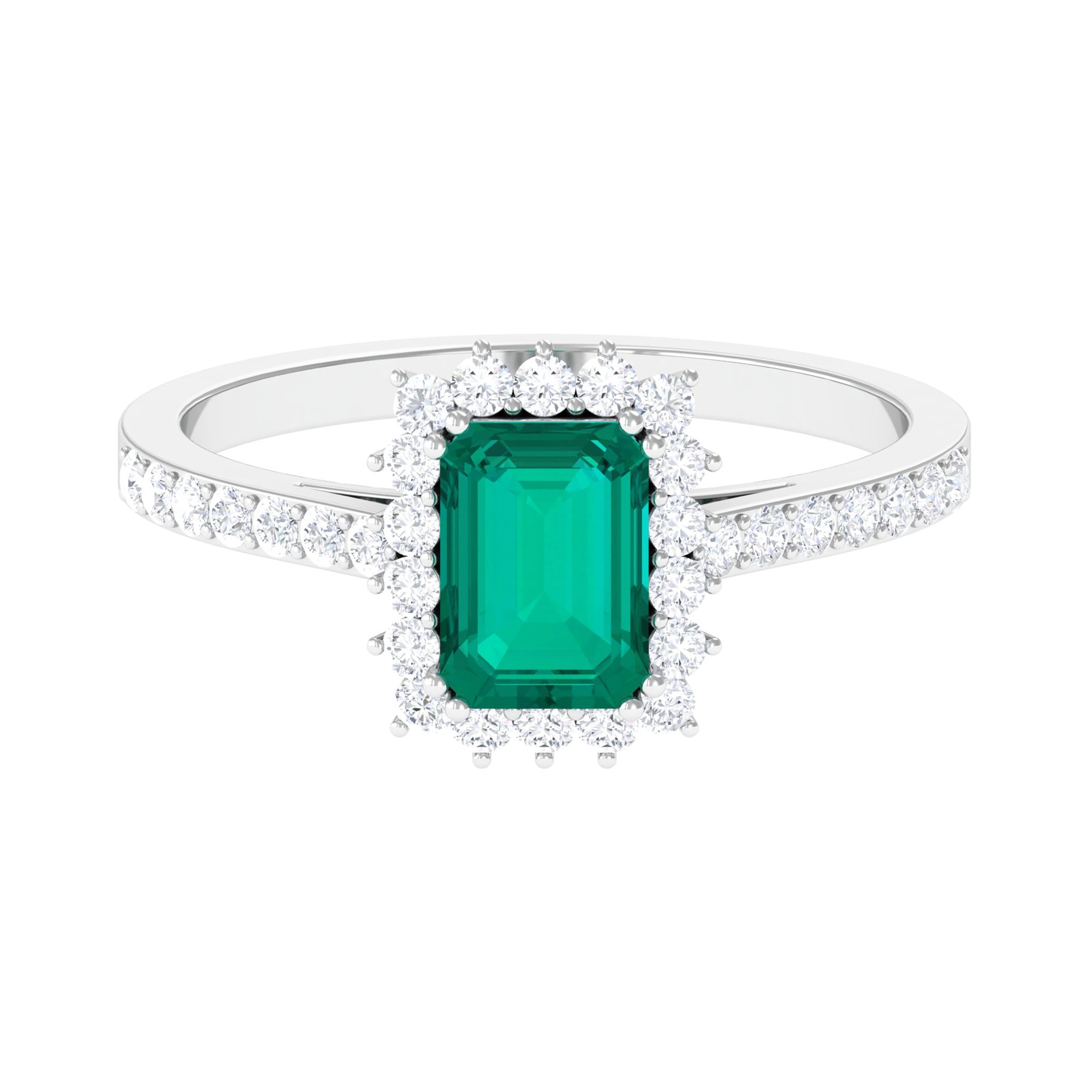 Rosec Jewels-Vintage Inspired Octagon Cut Emerald and Diamond Halo Engagement Ring