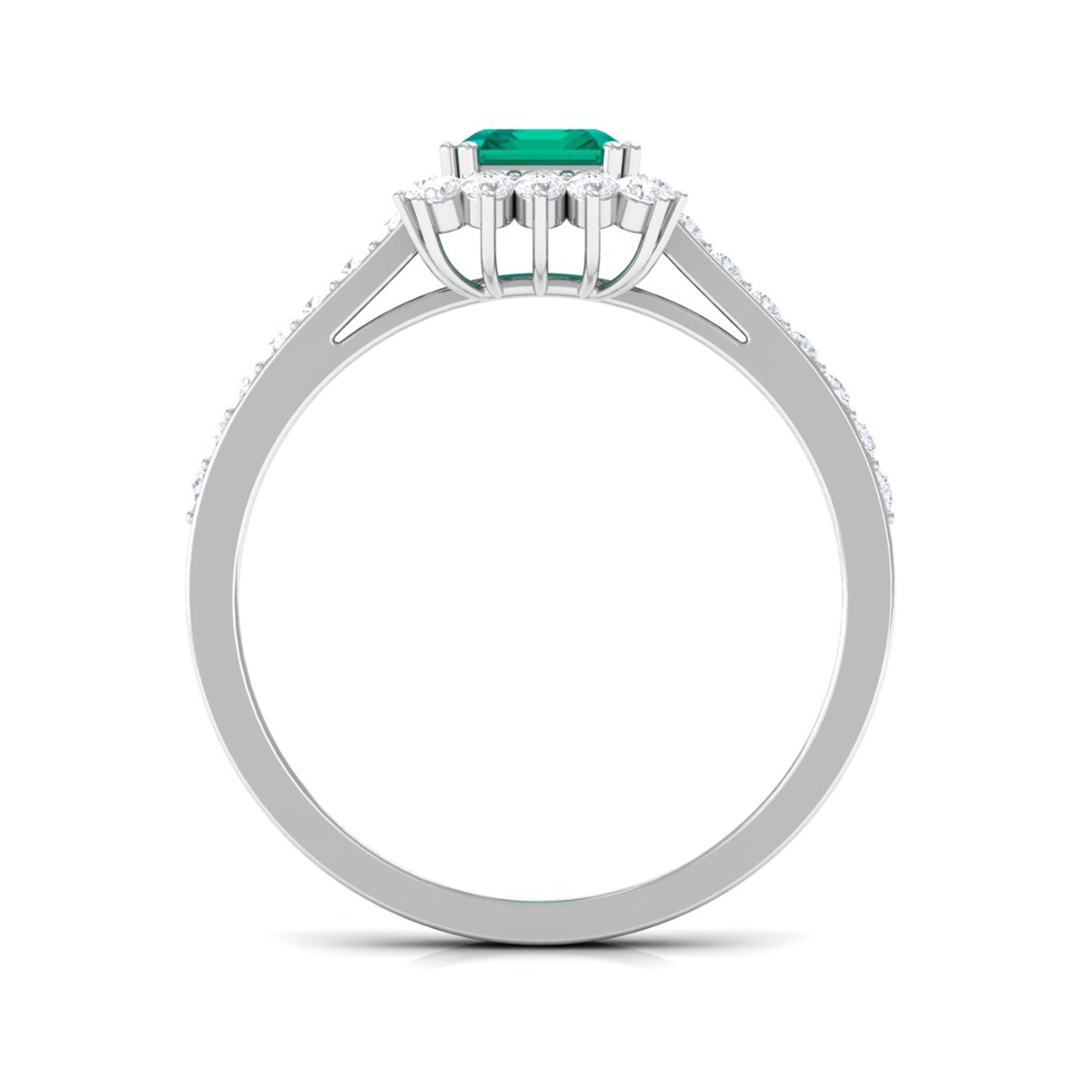 Rosec Jewels-Vintage Inspired Octagon Cut Emerald and Diamond Halo Engagement Ring