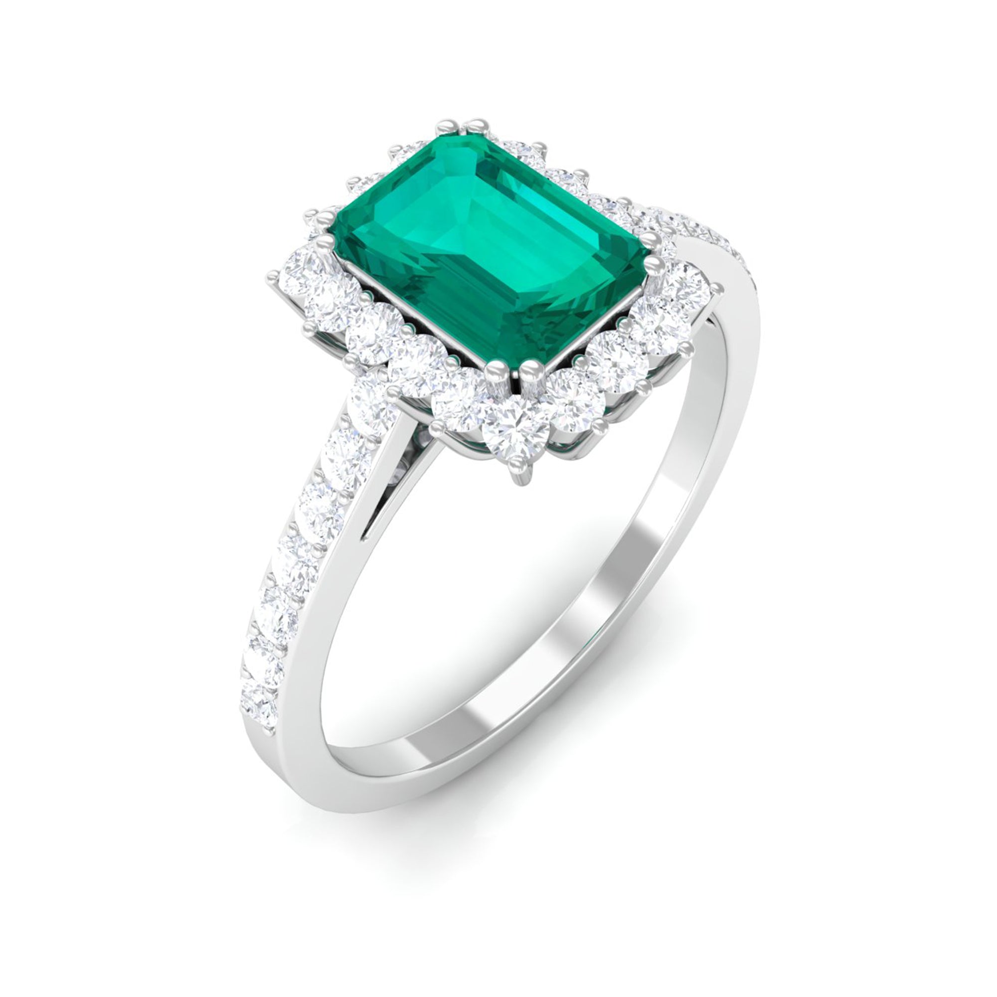 Rosec Jewels-Vintage Inspired Octagon Cut Emerald and Diamond Halo Engagement Ring